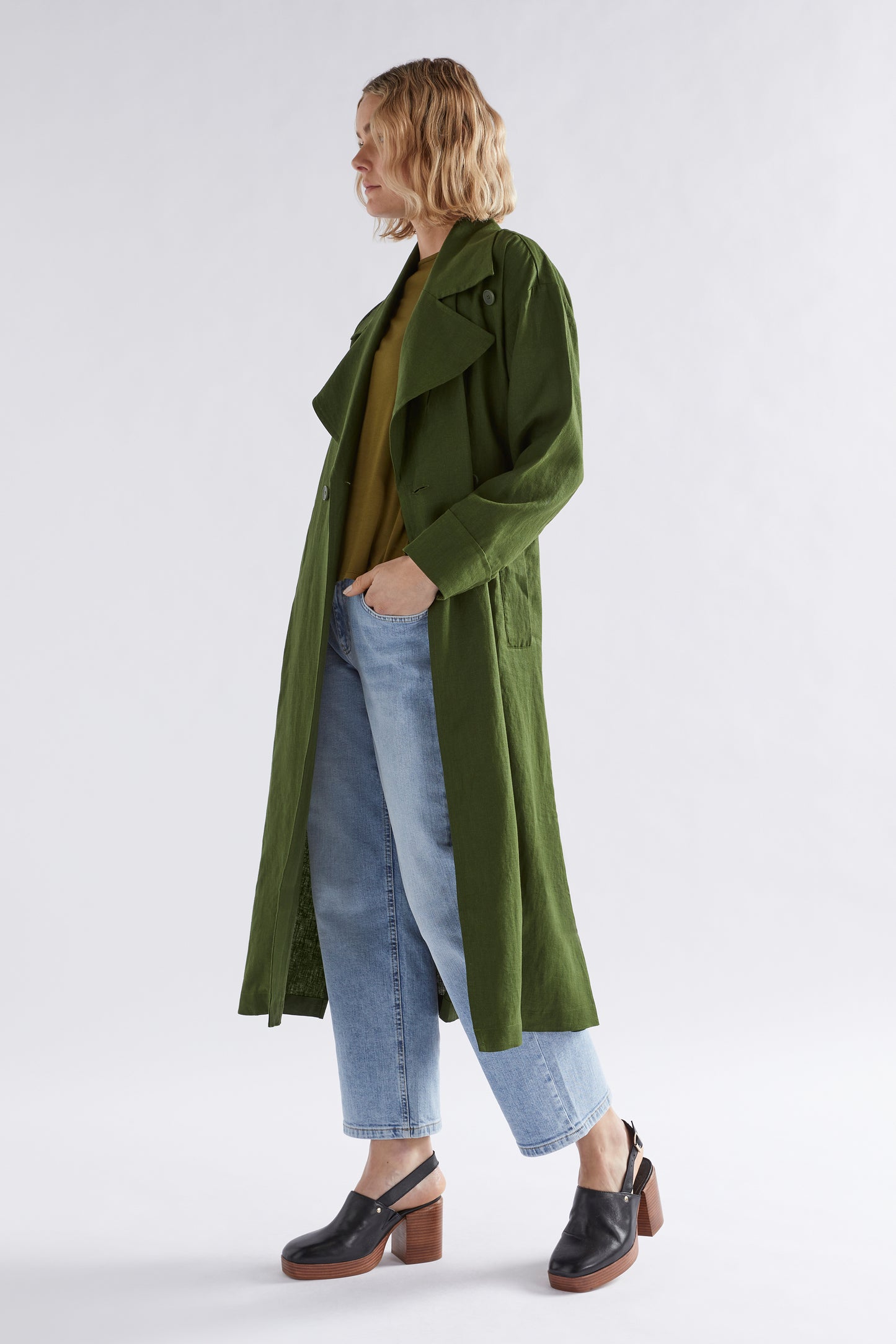 Anneli French Linen Trench Coat Model Angled Front | OLIVE