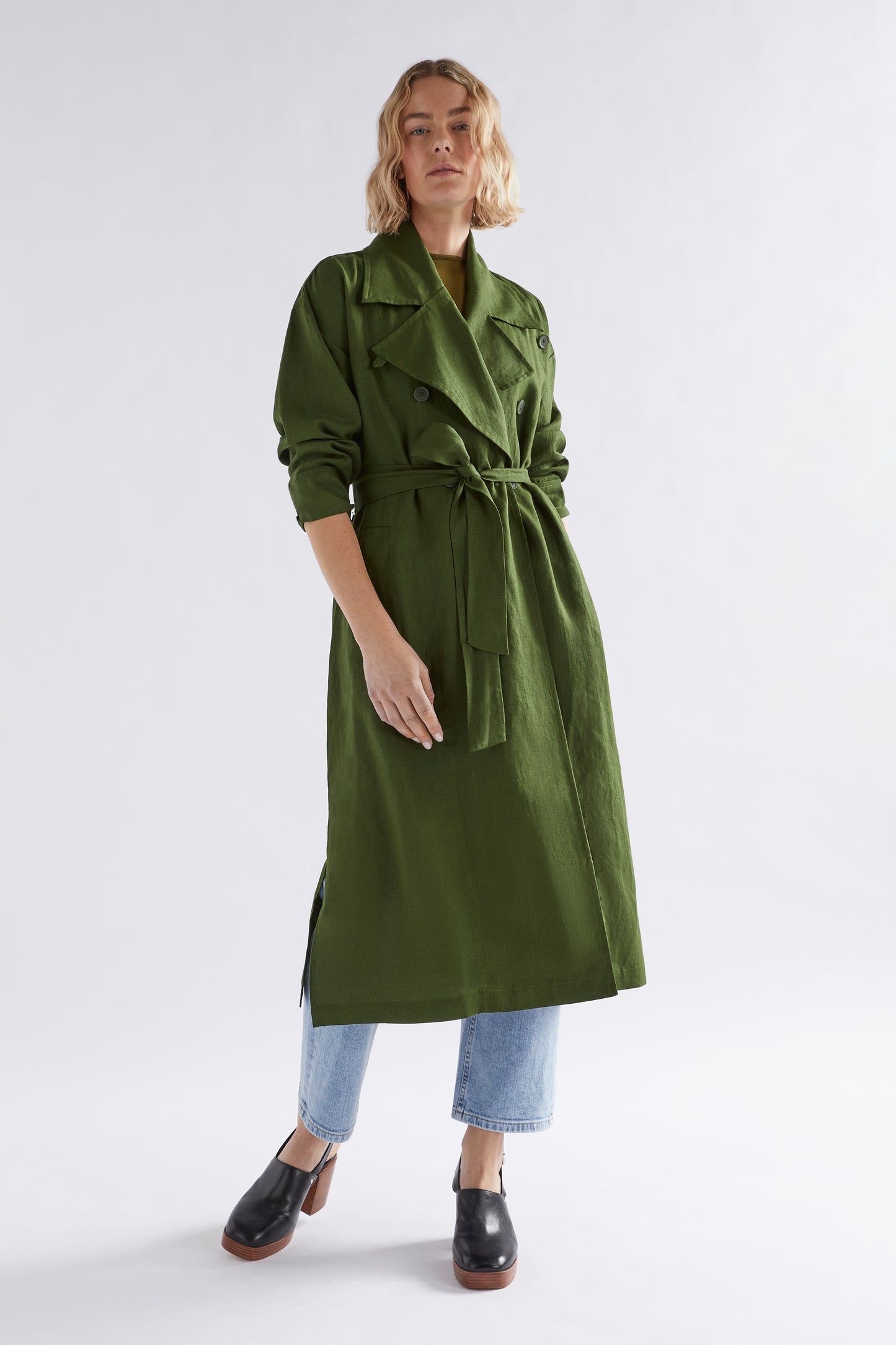 Anneli French Linen Trench Coat Model Front Tied | OLIVE
