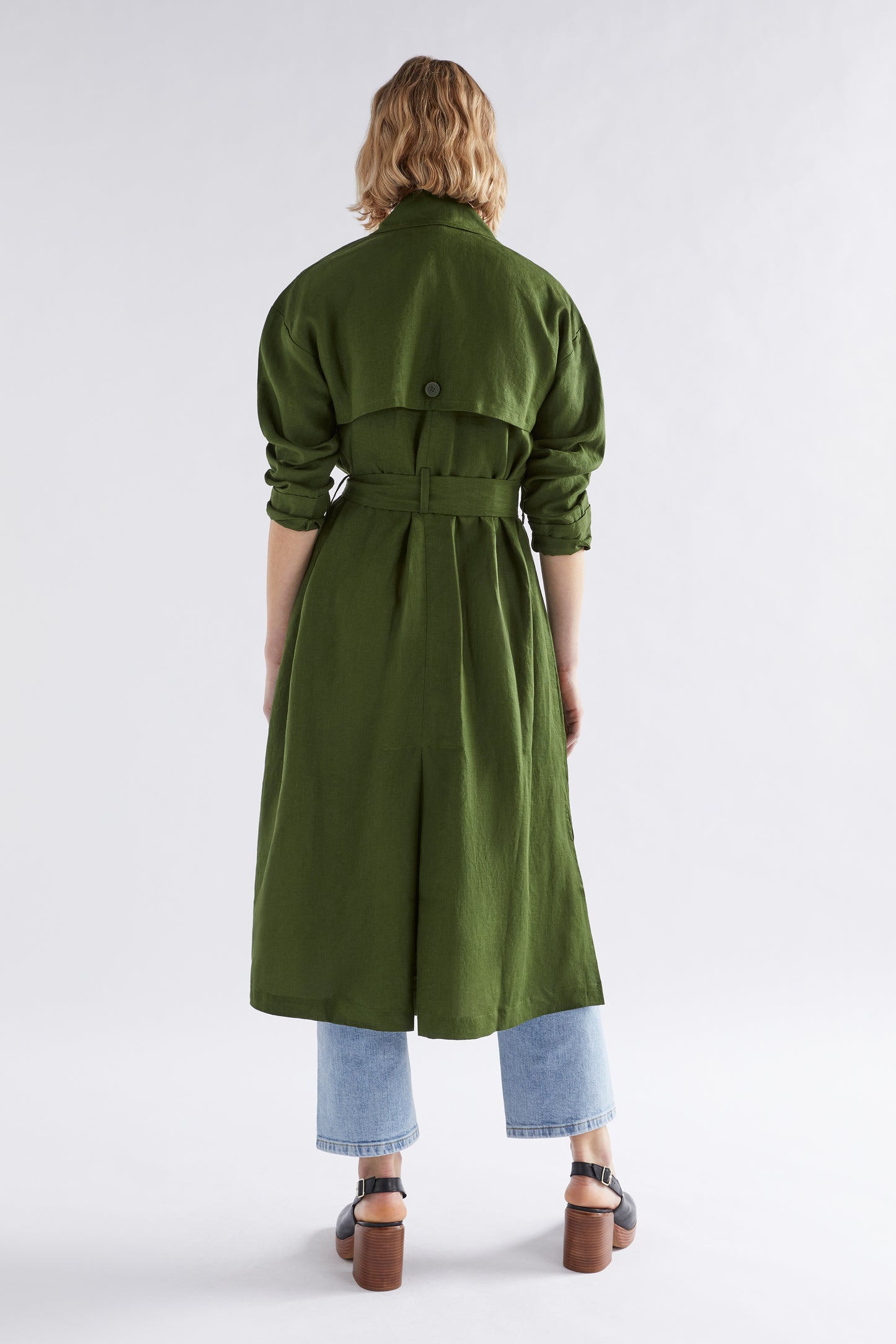 Anneli French Linen Trench Coat Model Back Tied | OLIVE
