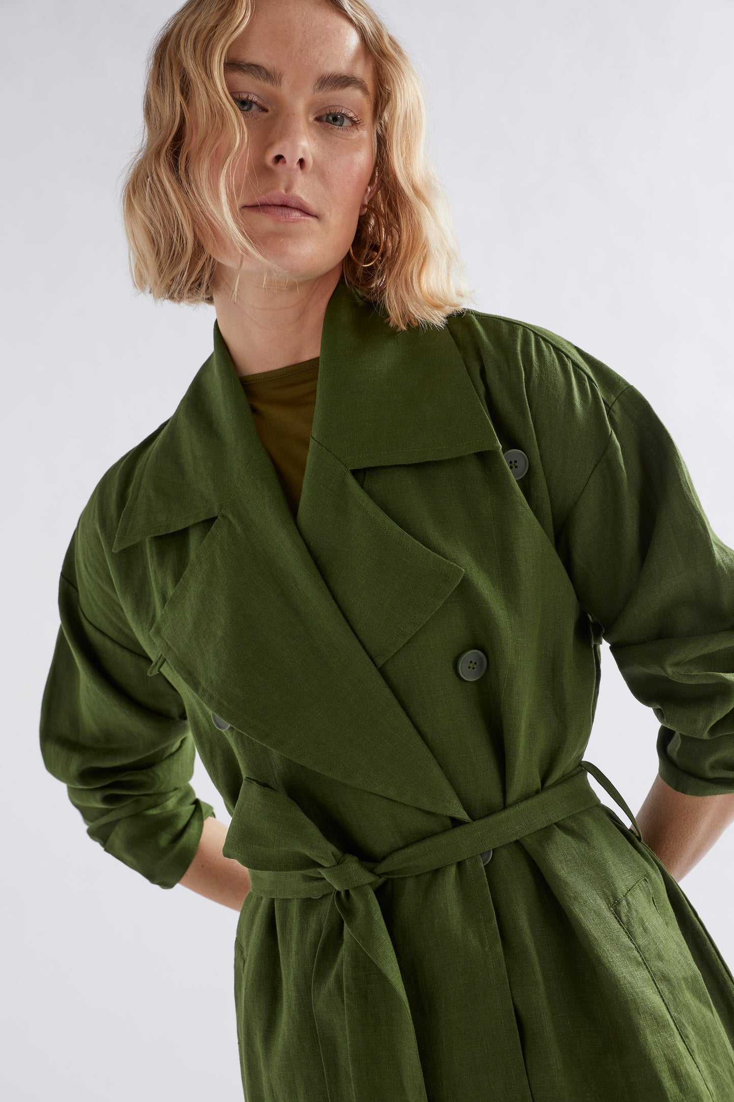 Anneli French Linen Trench Coat Model Front Tied Detail | OLIVE