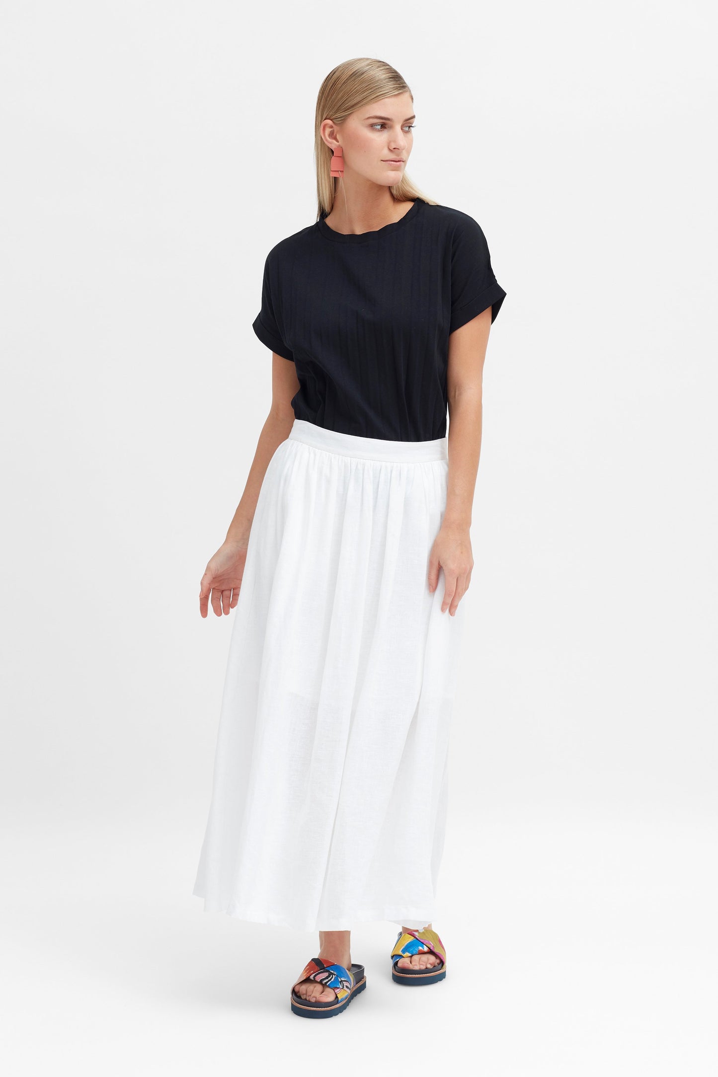 Tia Semi Sheer Mid Length French Linen Skirt Model Front | WHITE