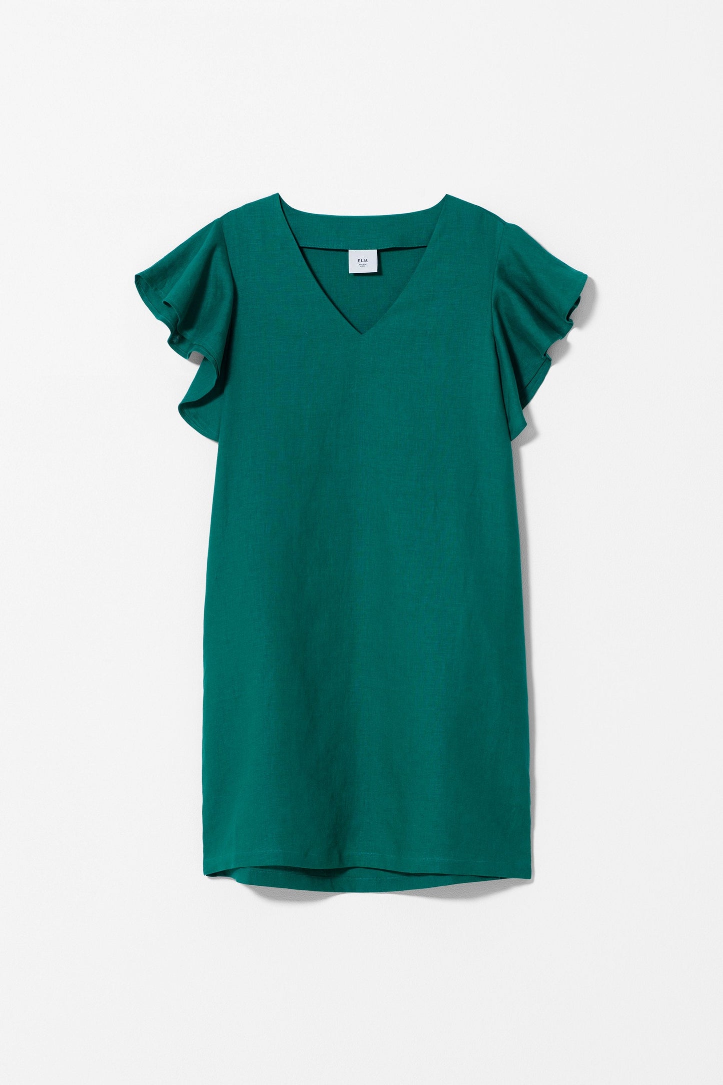 Colino Shift Style V-Neck Ruffled Sleeve French Linen Dress Front | LEAF GREEN