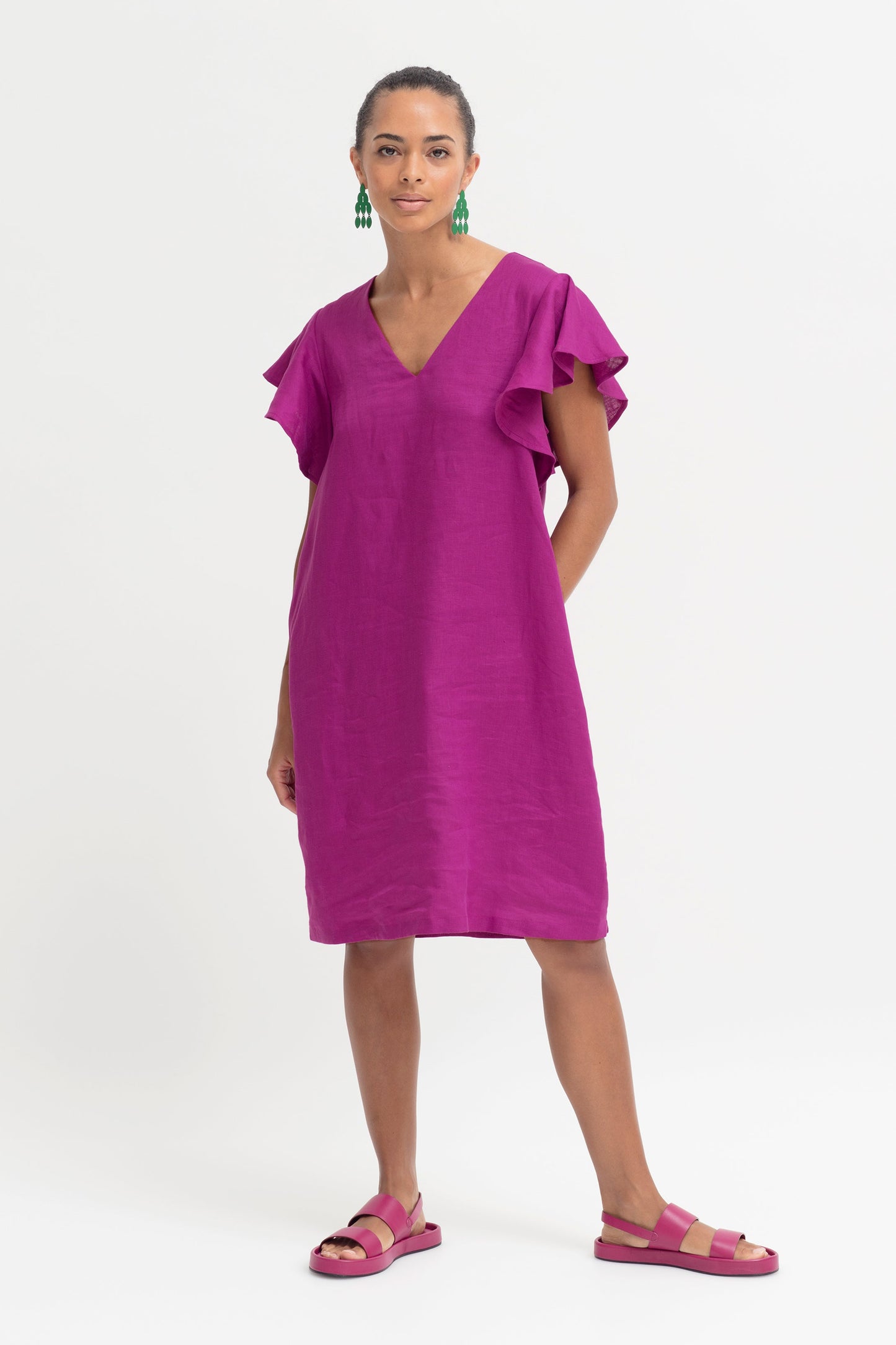 Colino Shift Style V-Neck Ruffled Sleeve French Linen Dress Model Front | WILD BERRY 