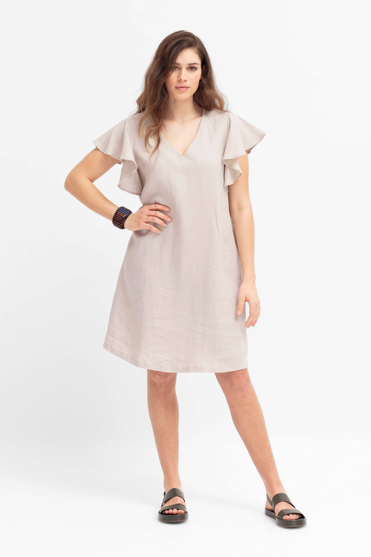 Colino Shift Style V-Neck Ruffled Sleeve French Linen Dress Model Front Olivia | FLAX