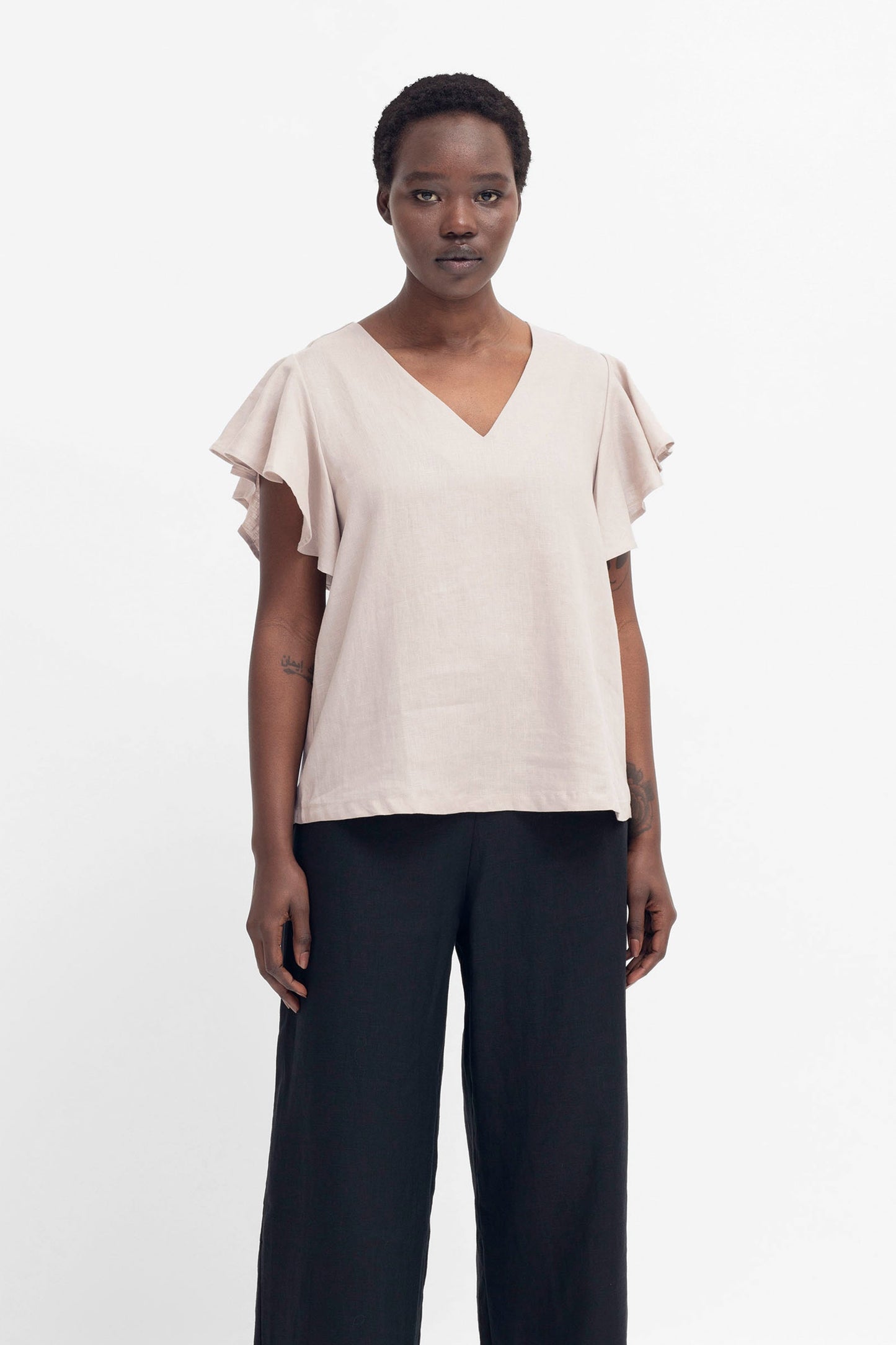 Colino V Neck Linen Ruffle Sleeve Top Model Front | FLAX