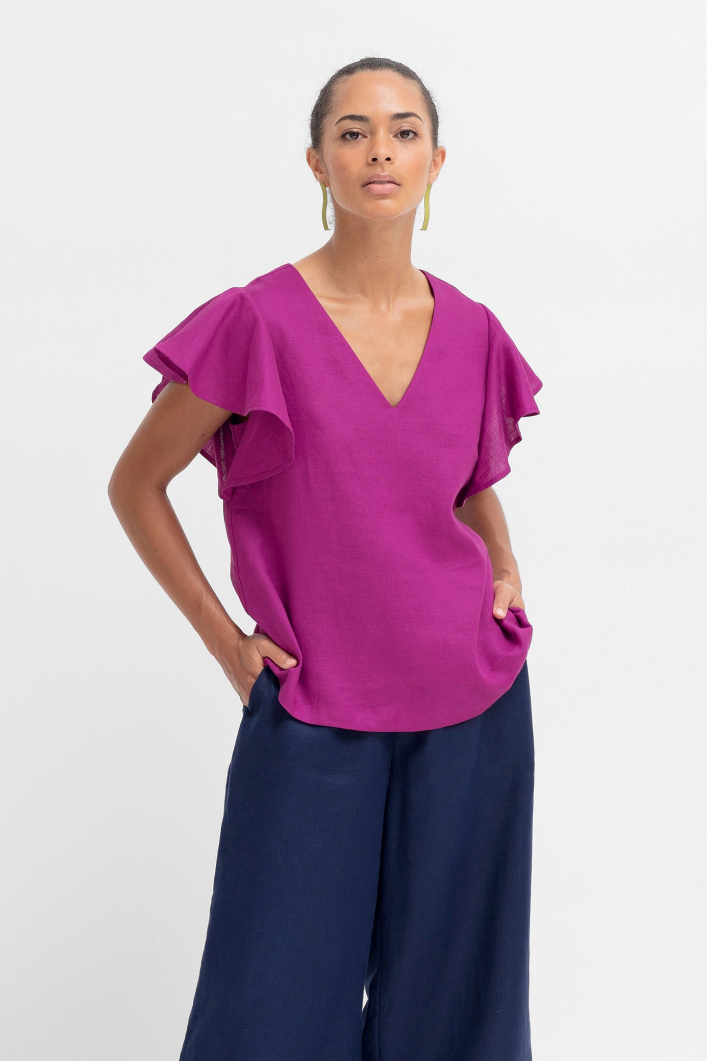 Colino V Neck Linen Ruffle Sleeve Top Model Front | WILD BERRY