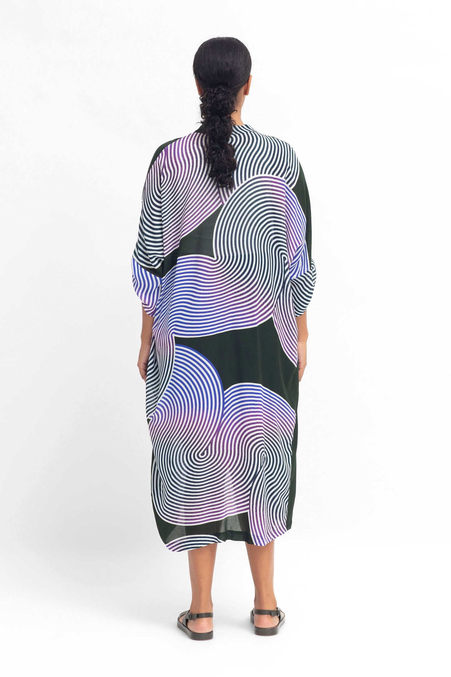 Soma Relaxed Kaftan Style Multi-Way Viscose Shirt Dress Model Back as Duster Jacket | OLIVE VIRLA PRINT