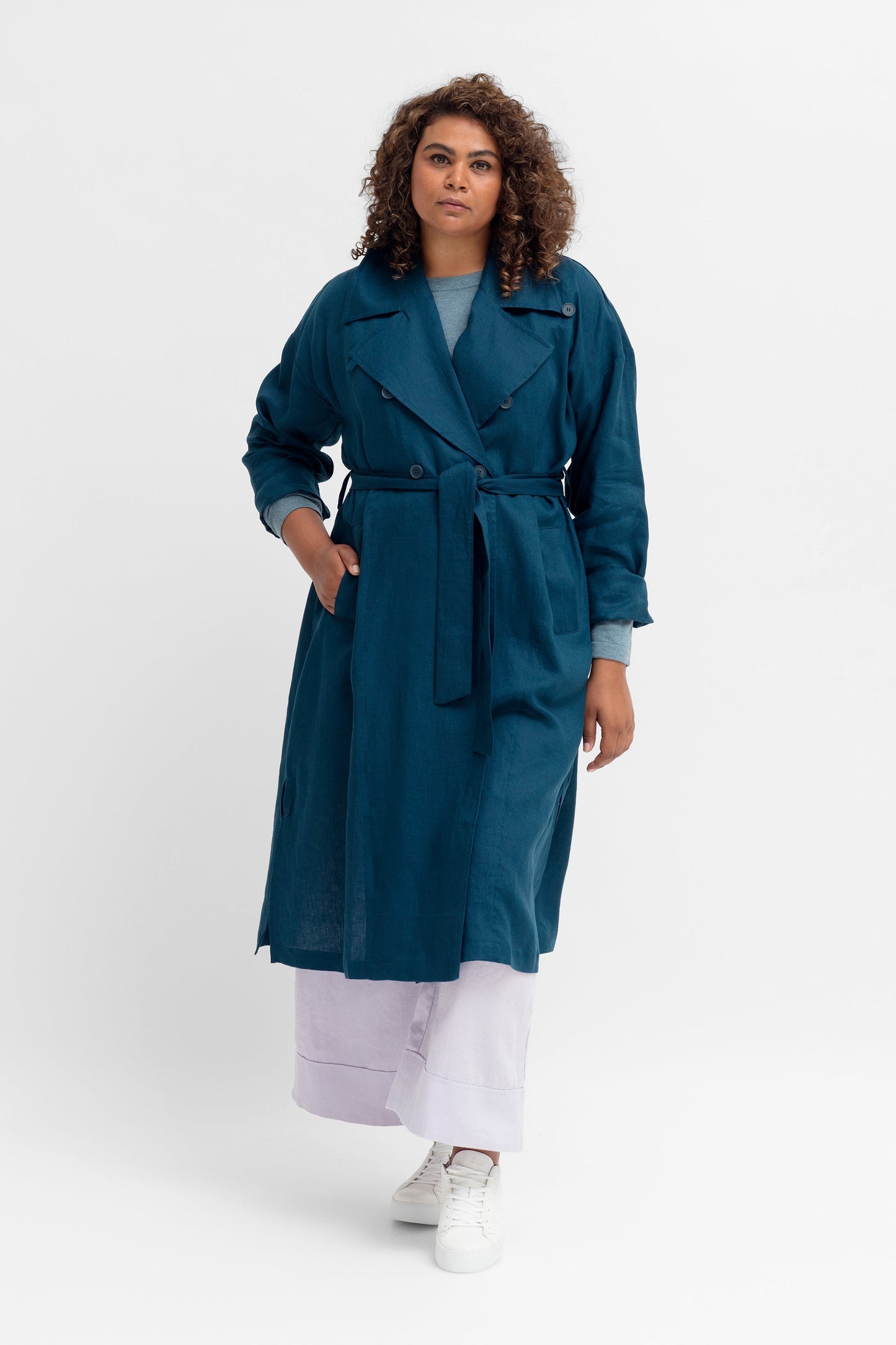 Anneli French Linen Trench Coat Curve Model Front Tied 2 | JASPER