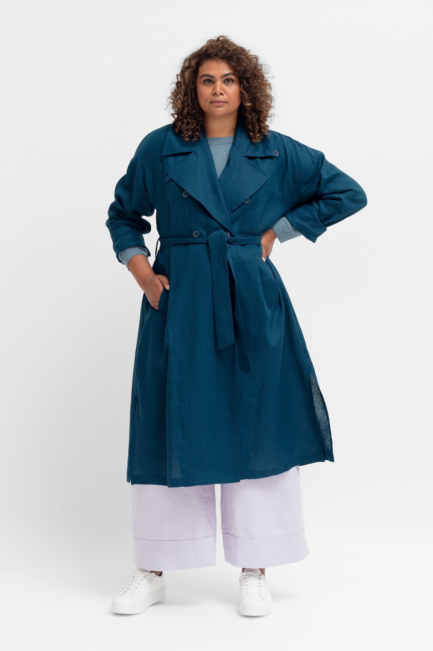Anneli French Linen Trench Coat Curve Model Front Tied | JASPER