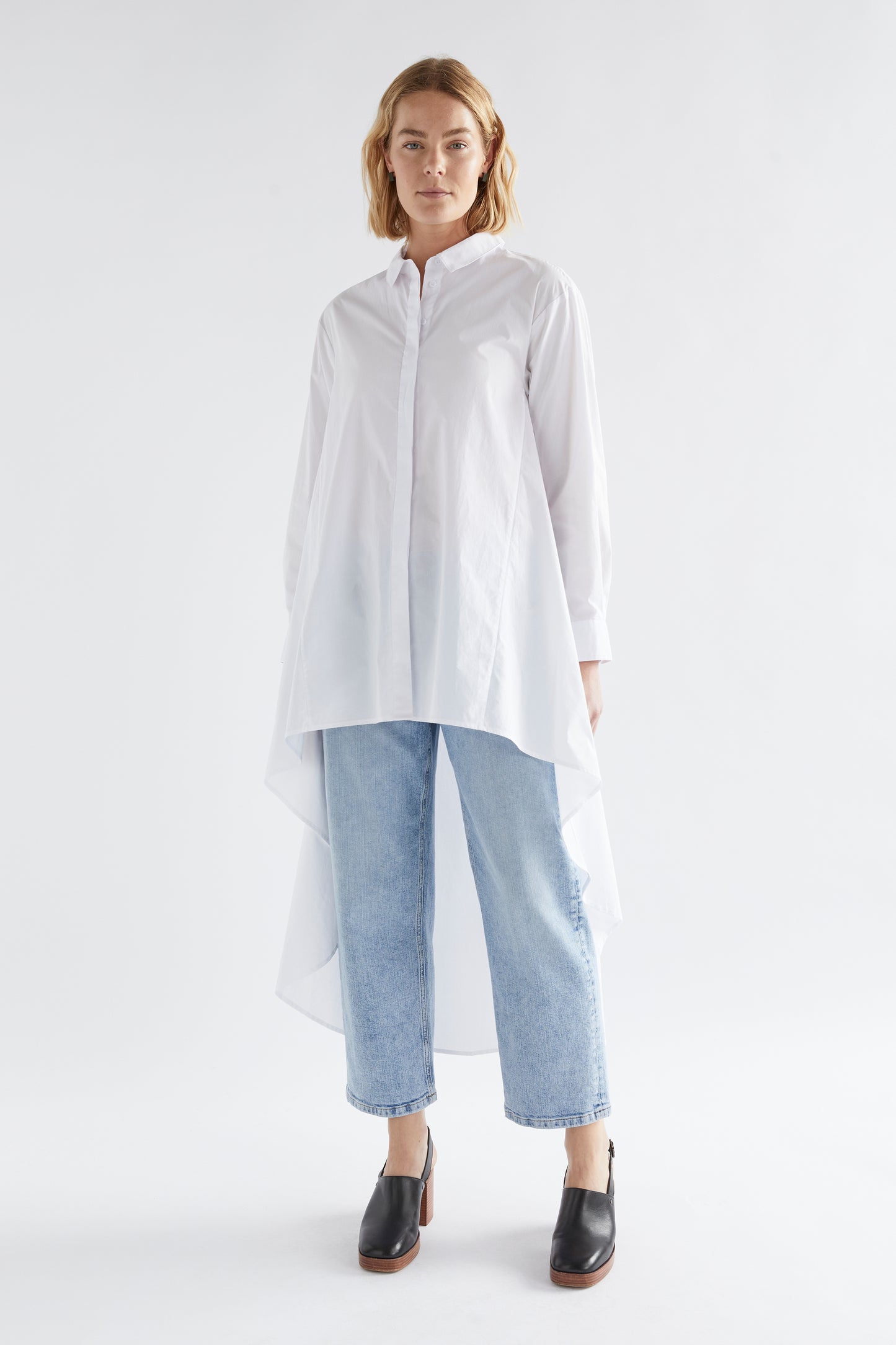 Flikrin Cotton High-Low Hem Shirt Model Front | WHITE