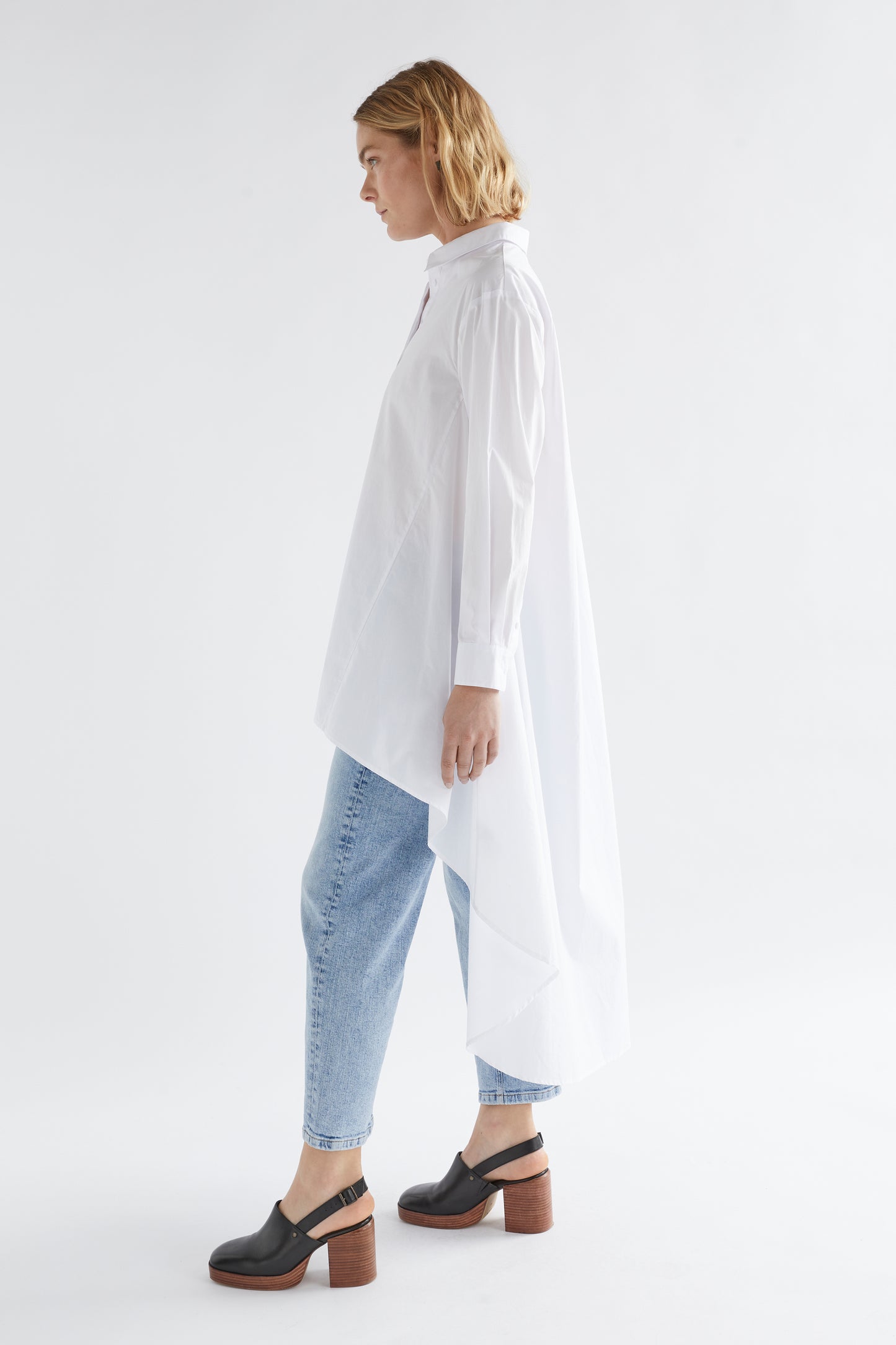 Flikrin Cotton High-Low Hem Shirt Model Side | WHITE
