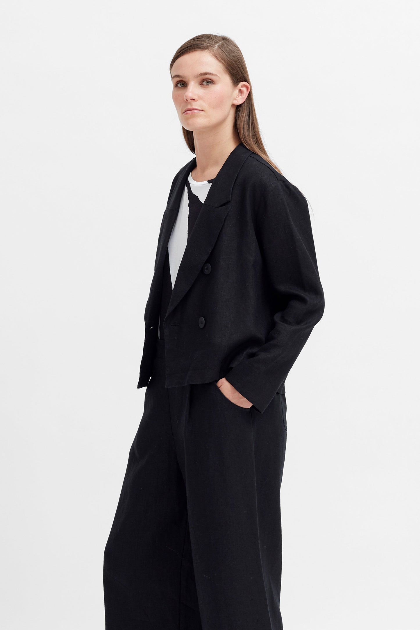 Odense Double Breasted Tailored Linen Jacket Alt Model Front Angled | BLACK