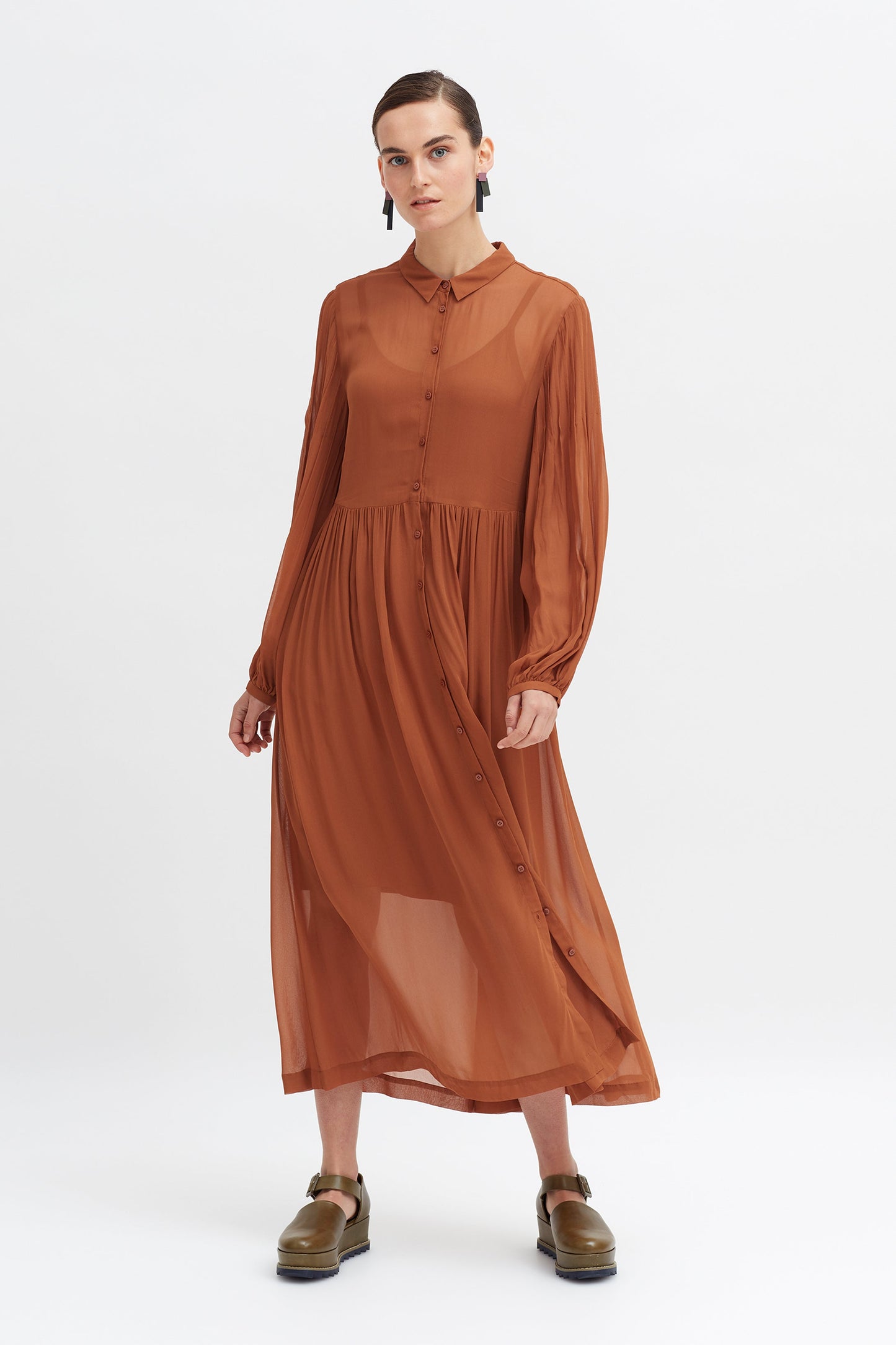 Odense Bell Sleeve Pintuck Sheer Shirt Dress Model Front | NUTMEG