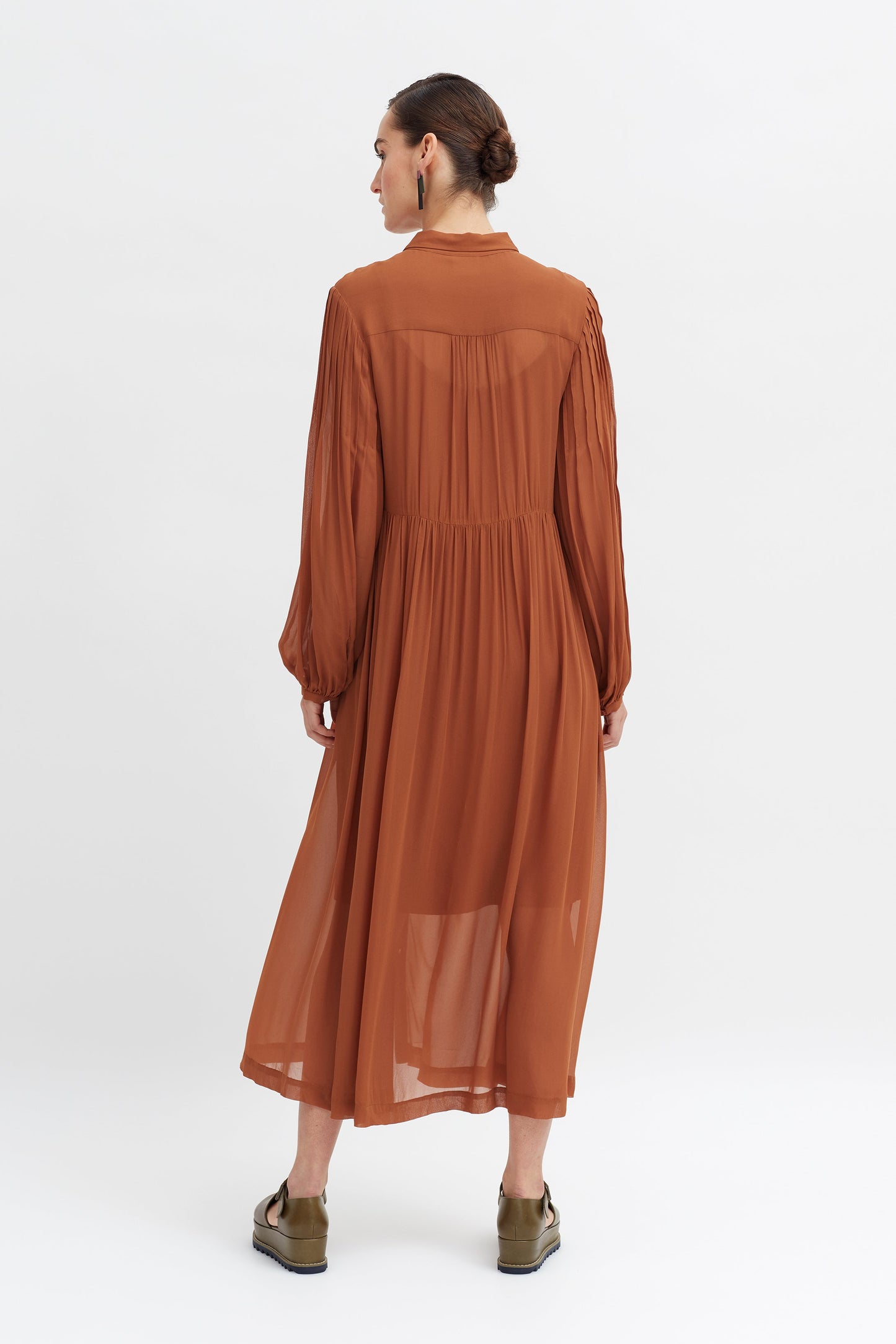 Odense Bell Sleeve Pintuck Sheer Shirt Dress Model Back | NUTMEG