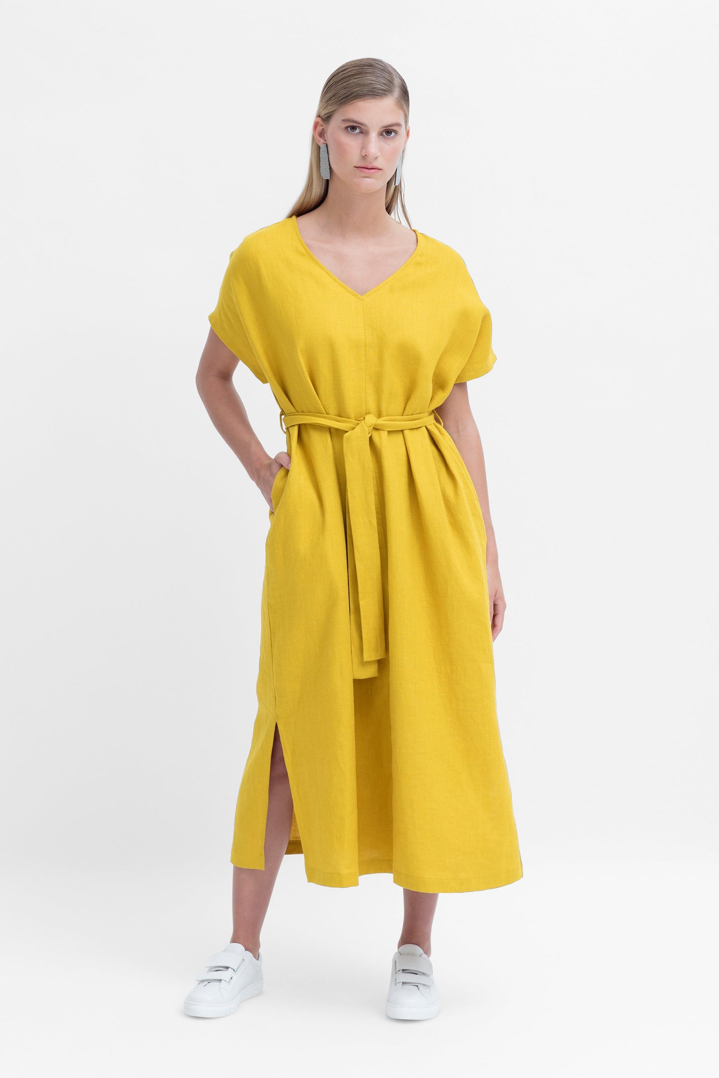 Tora Shift V-Neck Linen Long Dress Model Styled Front | SAFFRON