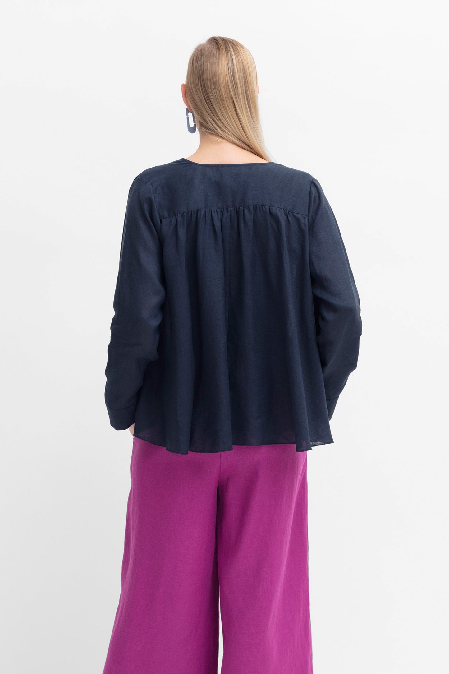 Lin A-Line Light Linen Jacket Model Back | STEEL BLUE