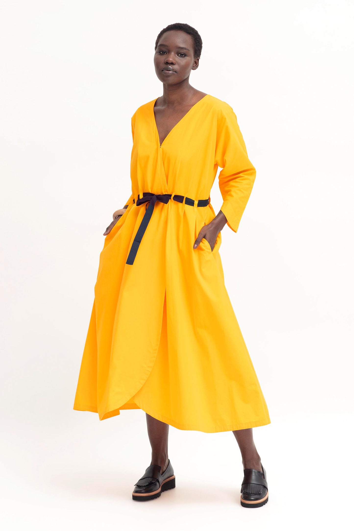 Vilda Organic Cotton Wrap Midi Tie-Waist Dress Model Front | DANDELION