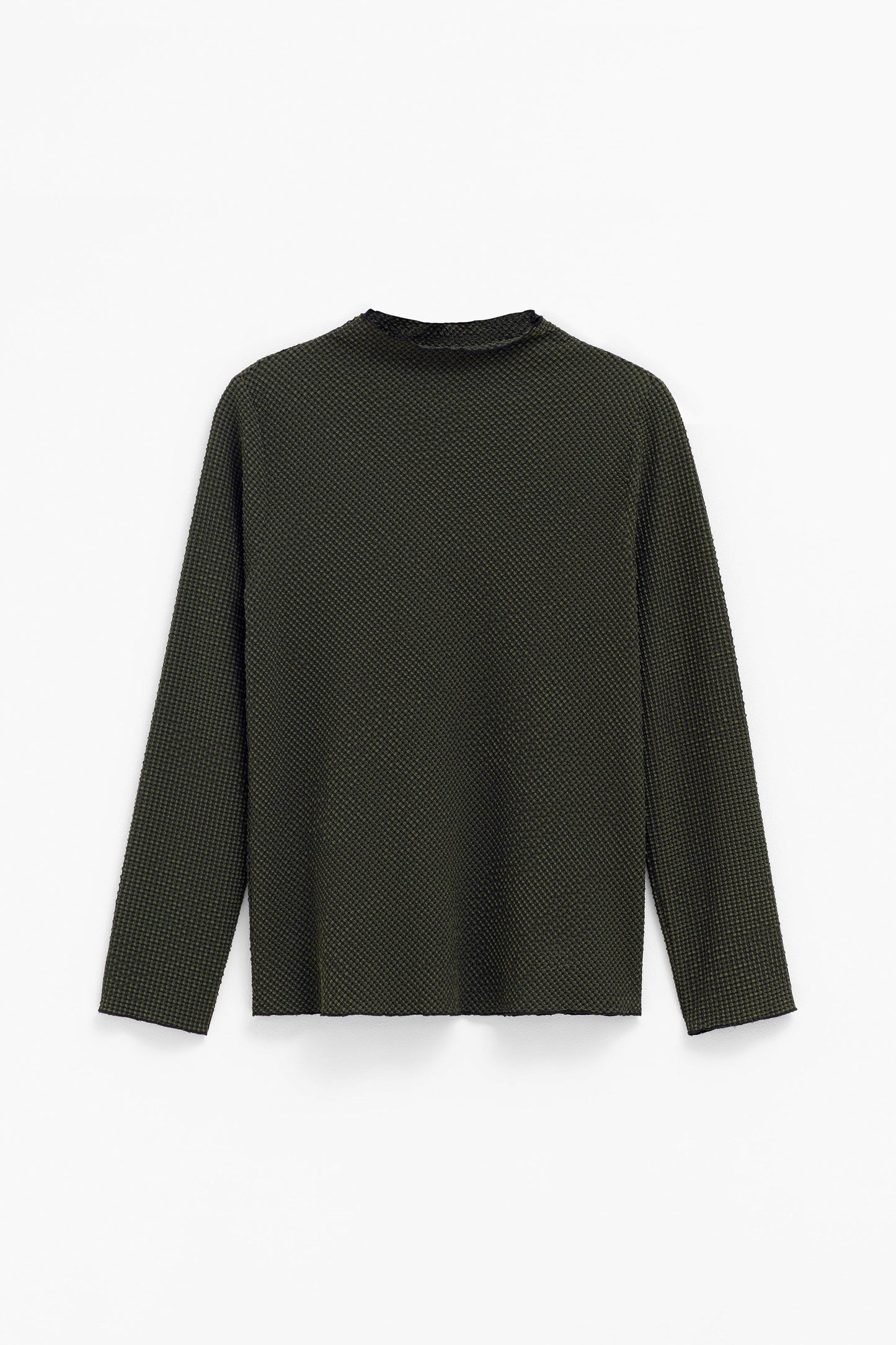 Bubbel Textured Mock Neck Lettuce Hem Long Sleeve Top Front | OLIVE CHECK