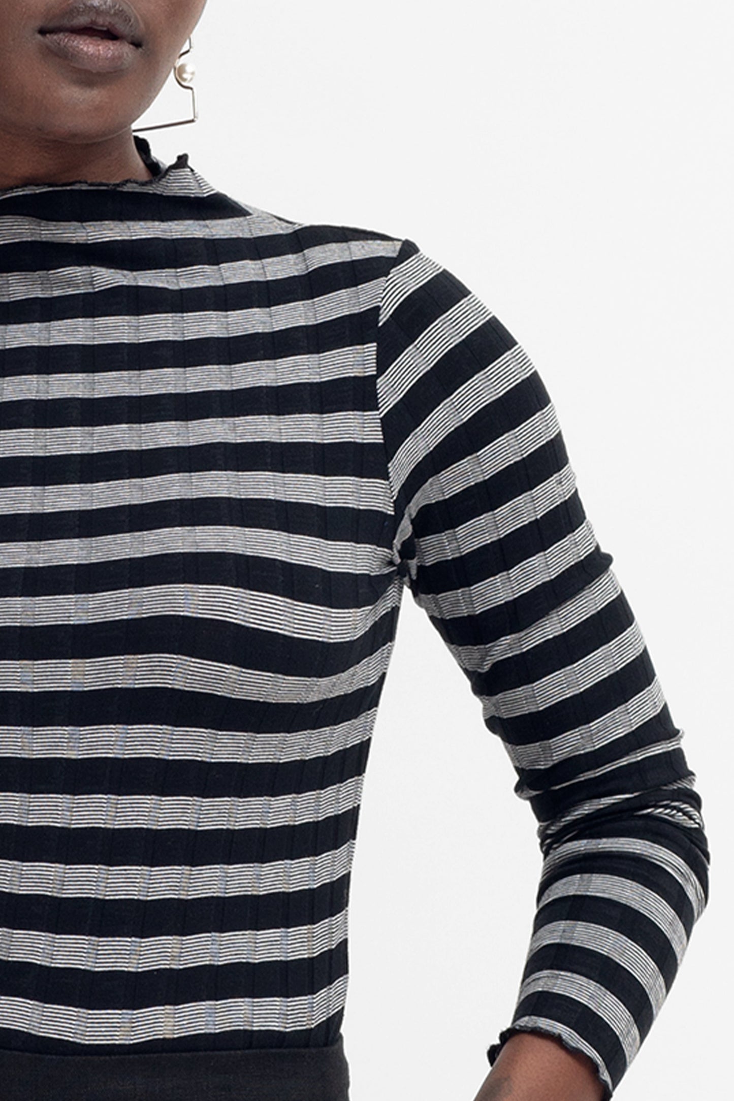 Skiva Striped and Ribbed Australian Cotton Long Sleeve Jersey Turtleneck Top Model Detail | BLACK WHITE STRIPE