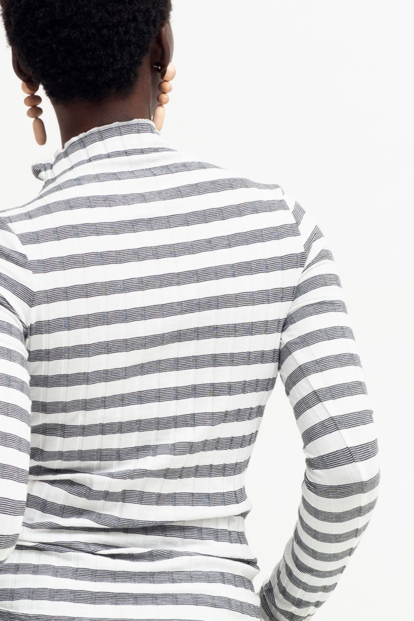 Skiva Striped and Ribbed Australian Cotton Long Sleeve Jersey Turtleneck Top Model Detail | WHITE BLACK STRIPE