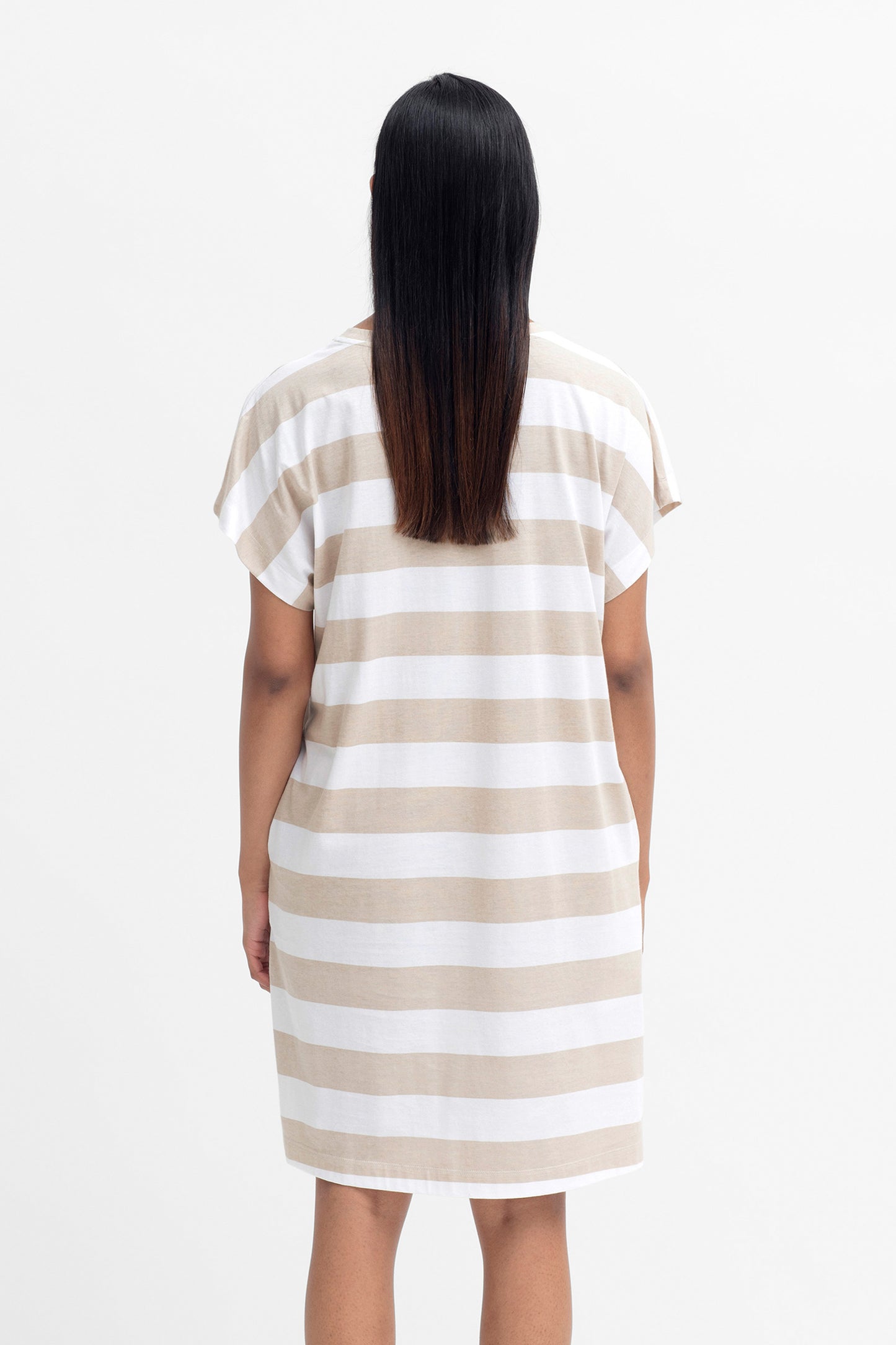 Maika Organic Cotton Stripe T-shirt Dress Model Back | WHITE ECRU STRIPE