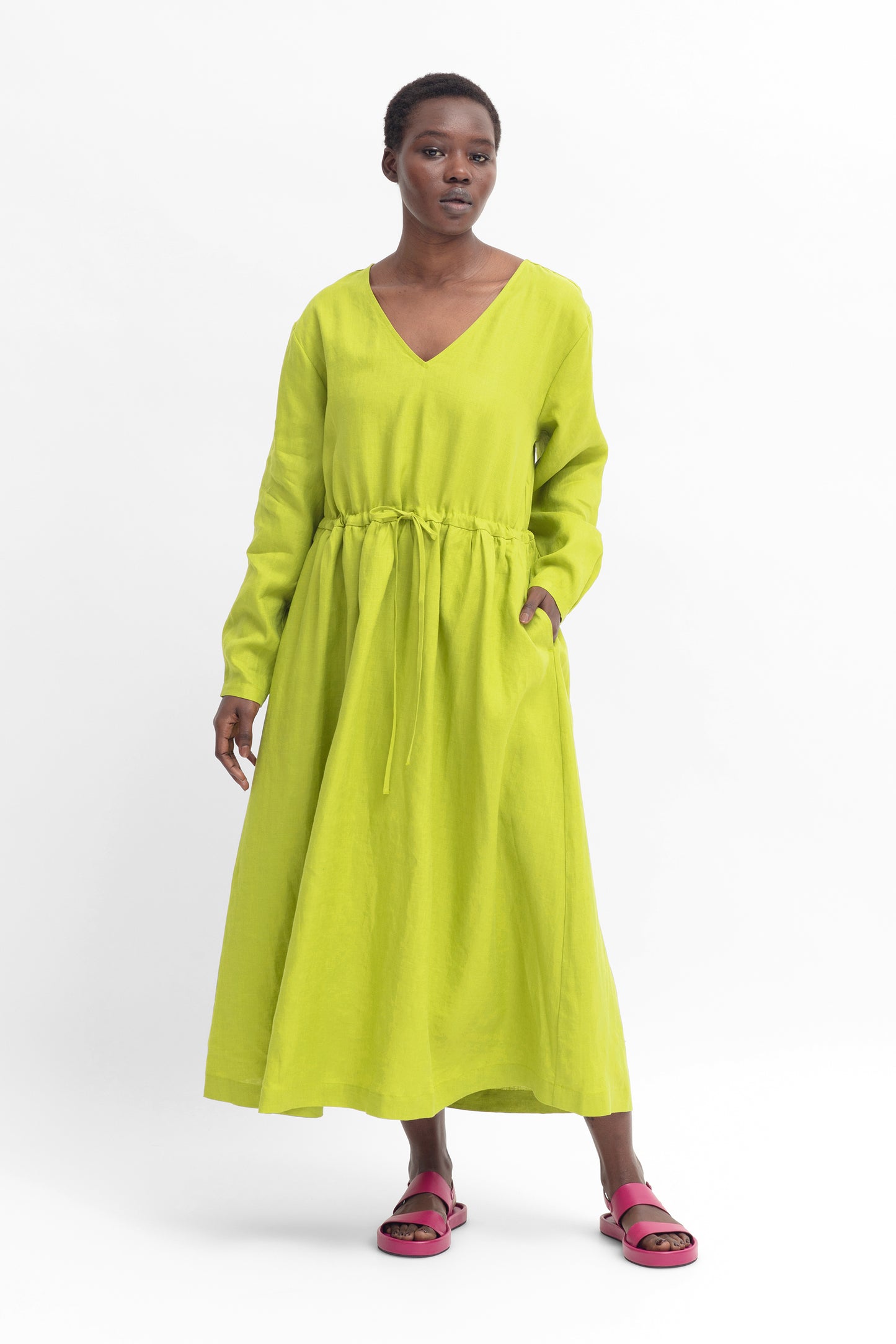 Blossa French Linen Long Sleeve V-neck Long Dress Model Front Sleeves down | LIME