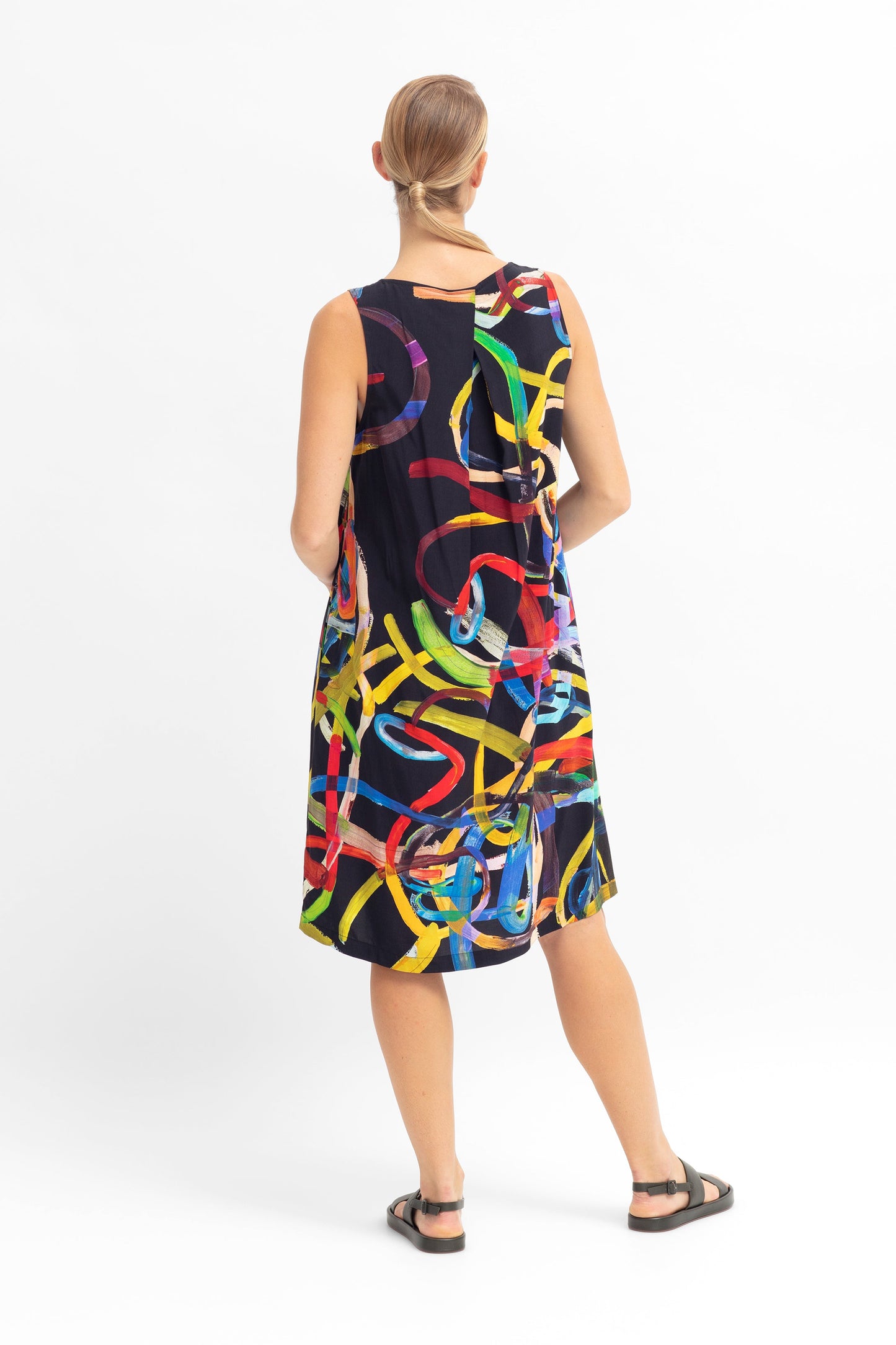Kayra Silky Sustainable Viscose V Neck Statement Print Swing Tank Dress Model Back | FARVE PRINT