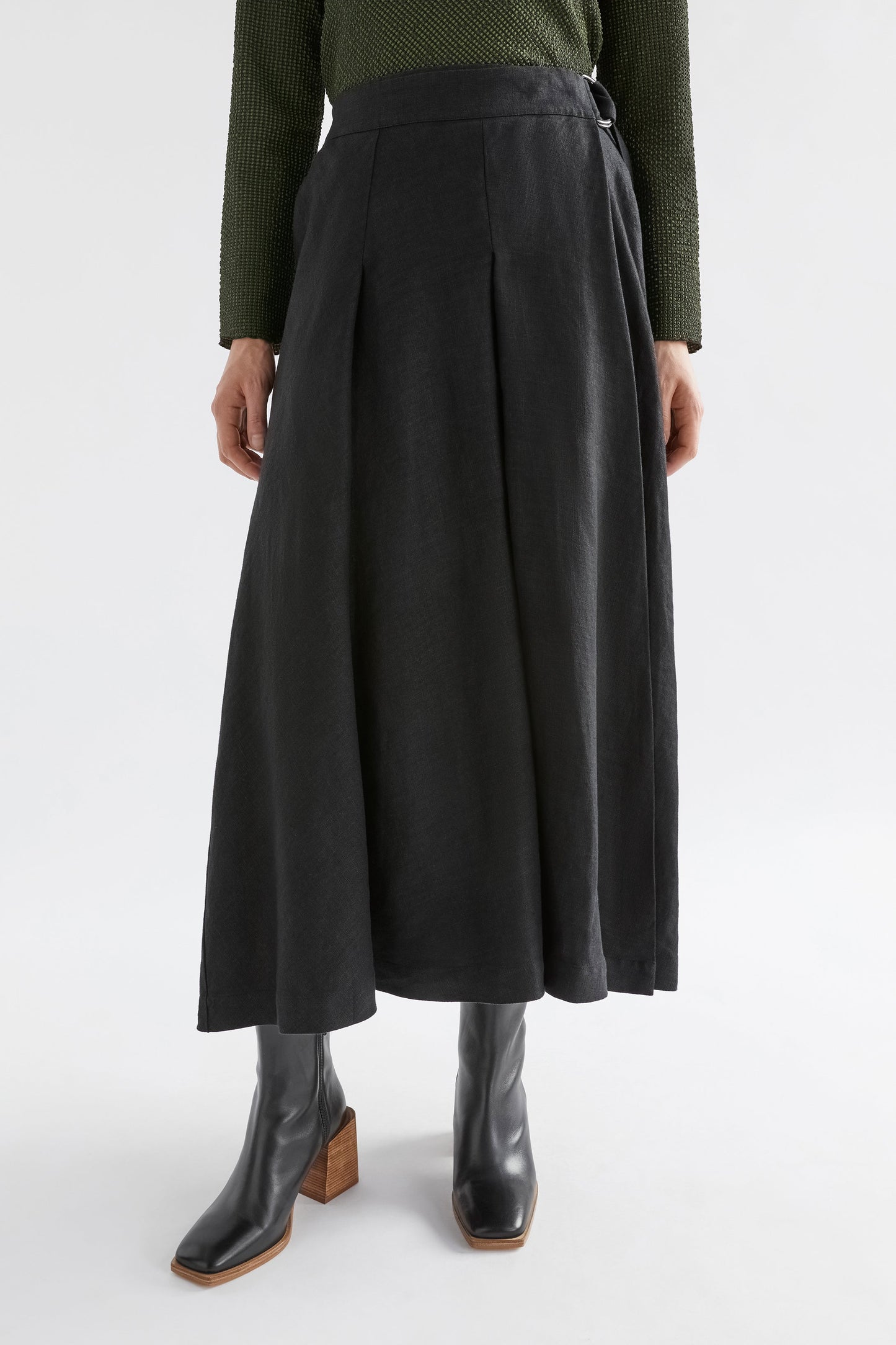 Ativ A-Line Wrap Midi Skirt With D-ring Side Belt Model Front | BLACK