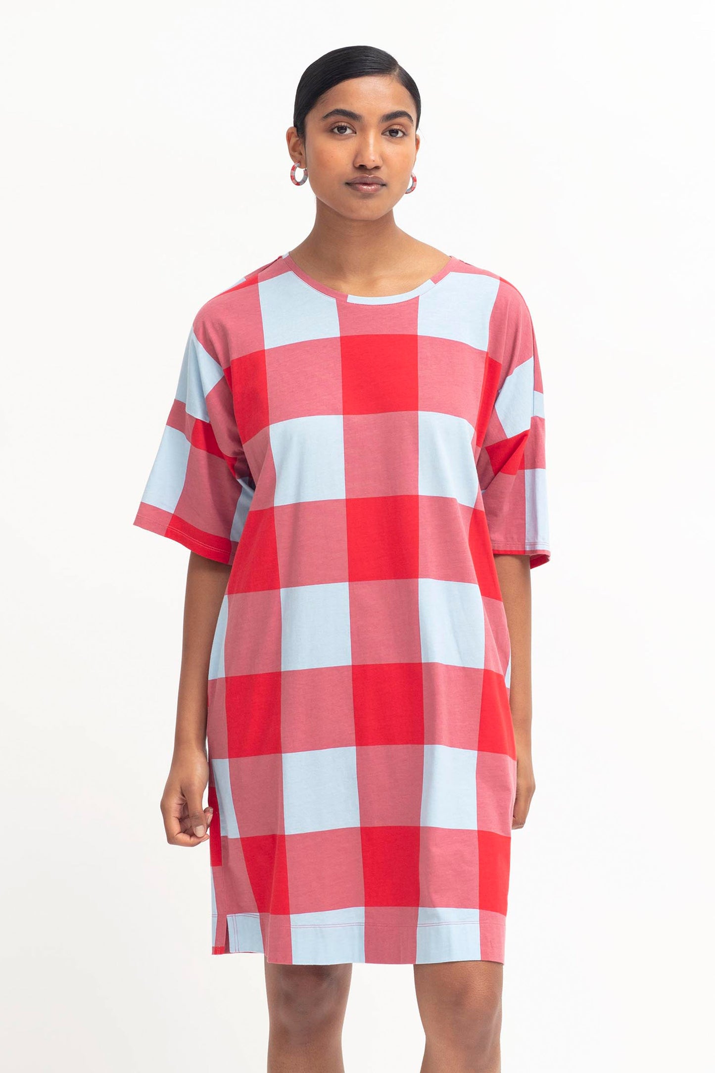 Kyla Organic Cotton Jersey Gingham Print Tshirt Dress Model Front | RED POWDER BLUE GINGHAM