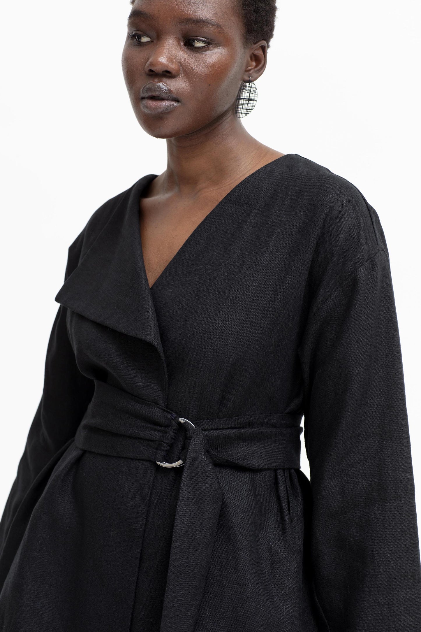 Ativ Linen Jacket with Contrasting Waist Belt front Detail | BLACK