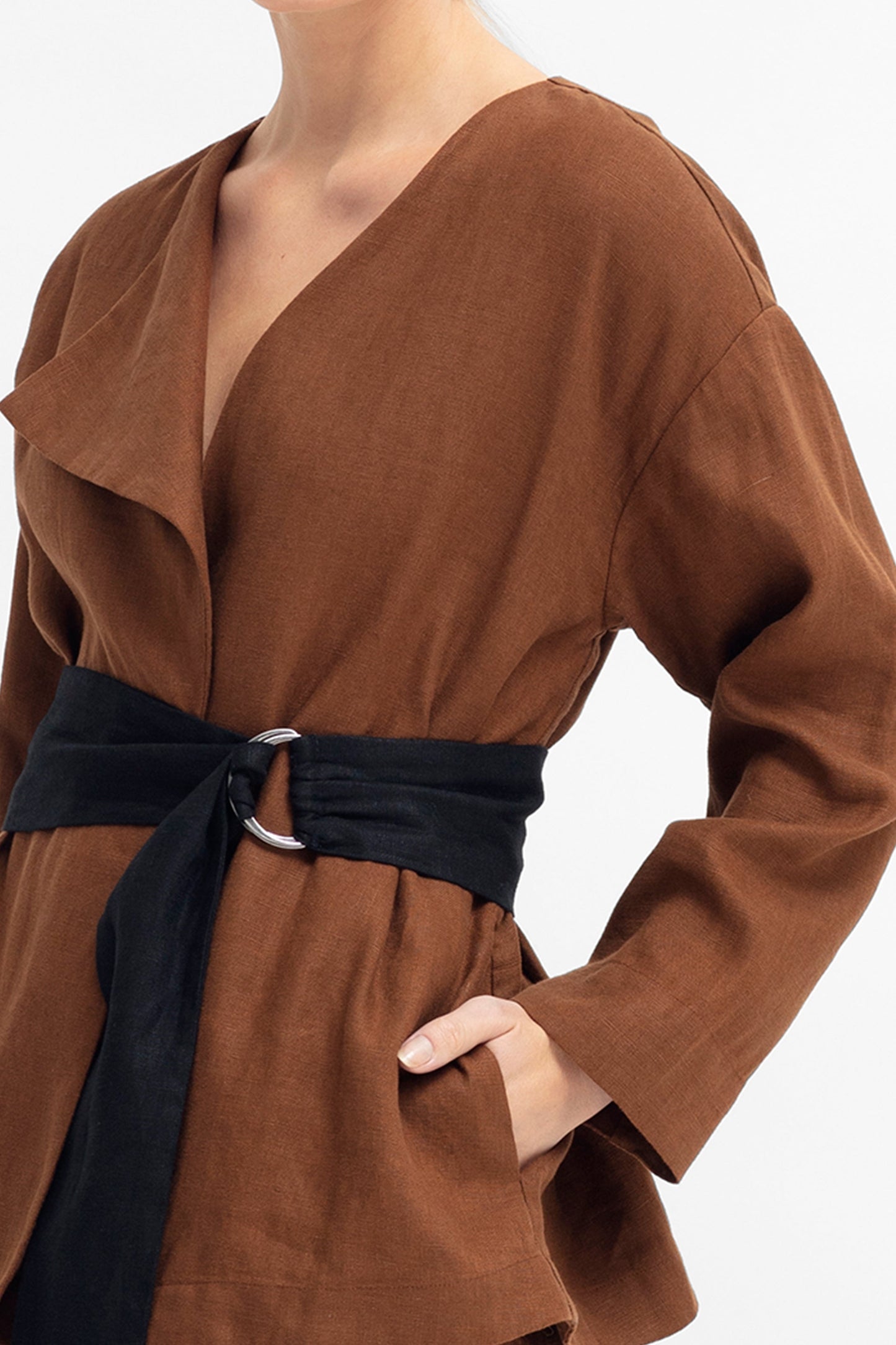 Ativ Linen Jacket with Contrasting Waist Belt front Detail | BRONZE BROWN