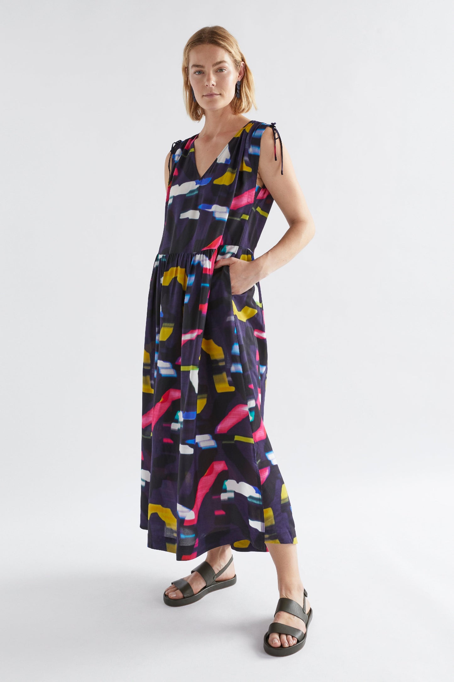 Sid V-Neck Gathered Shoulder Detail Long Print Dress Model Angled Front Jess  | NAVY WEVEN PRINT