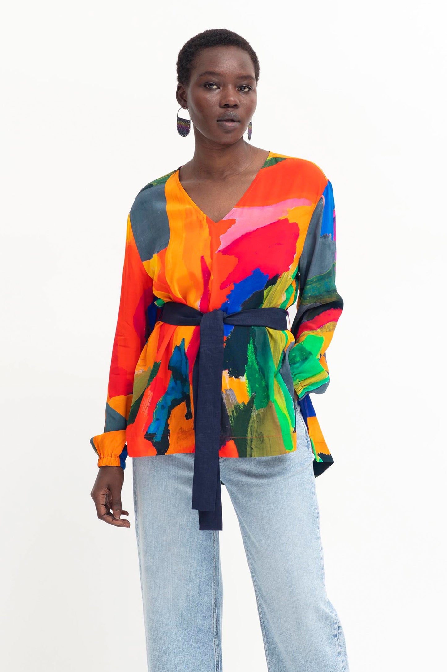 Sana Statement Print V Neck Long Sleeve Top with Contrast Tie Model Front | KALO PRINT