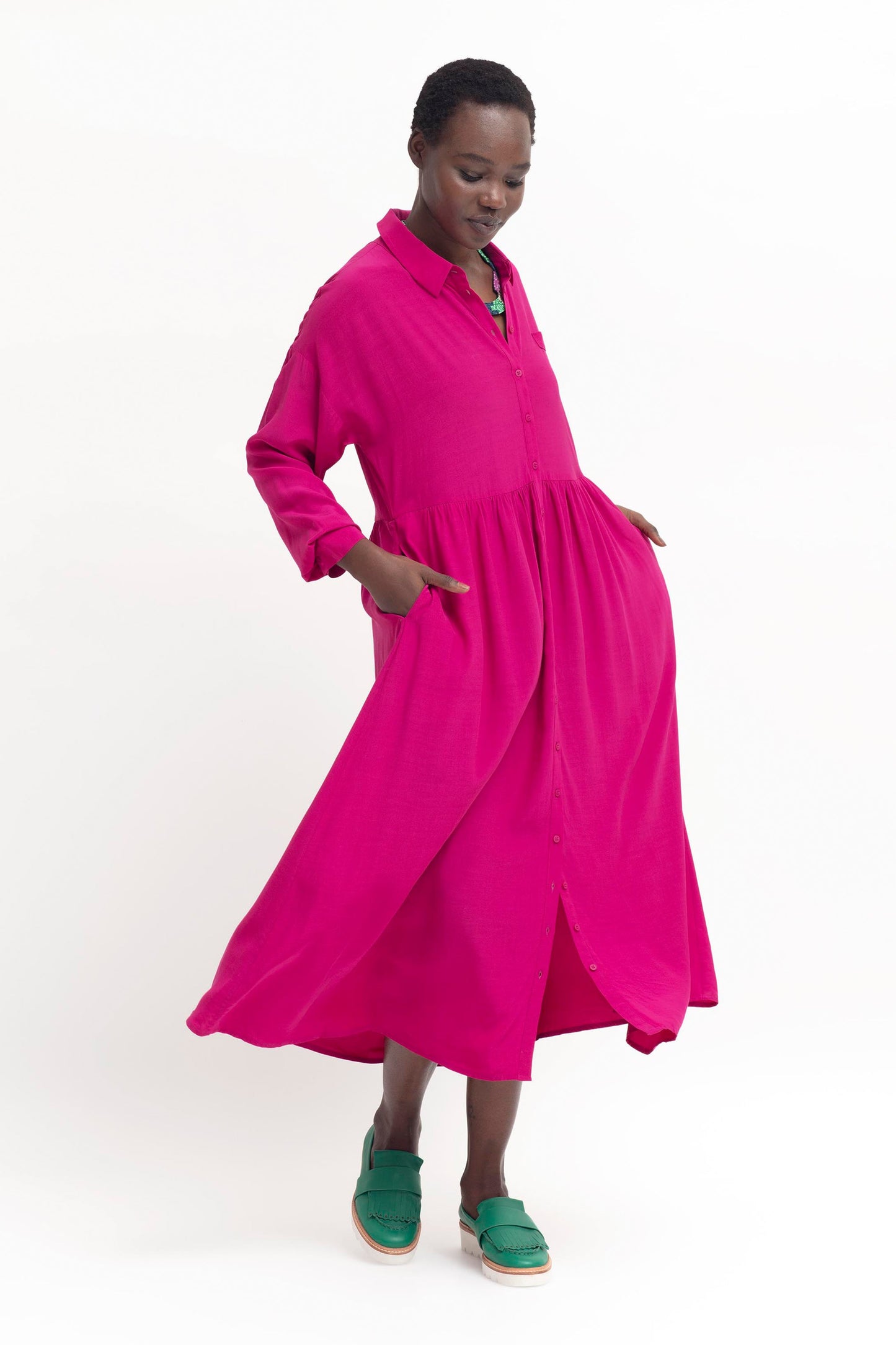 Dance Relaxed Midi Long Sleeve Shirt Dress model front | BRIGHT PINK
