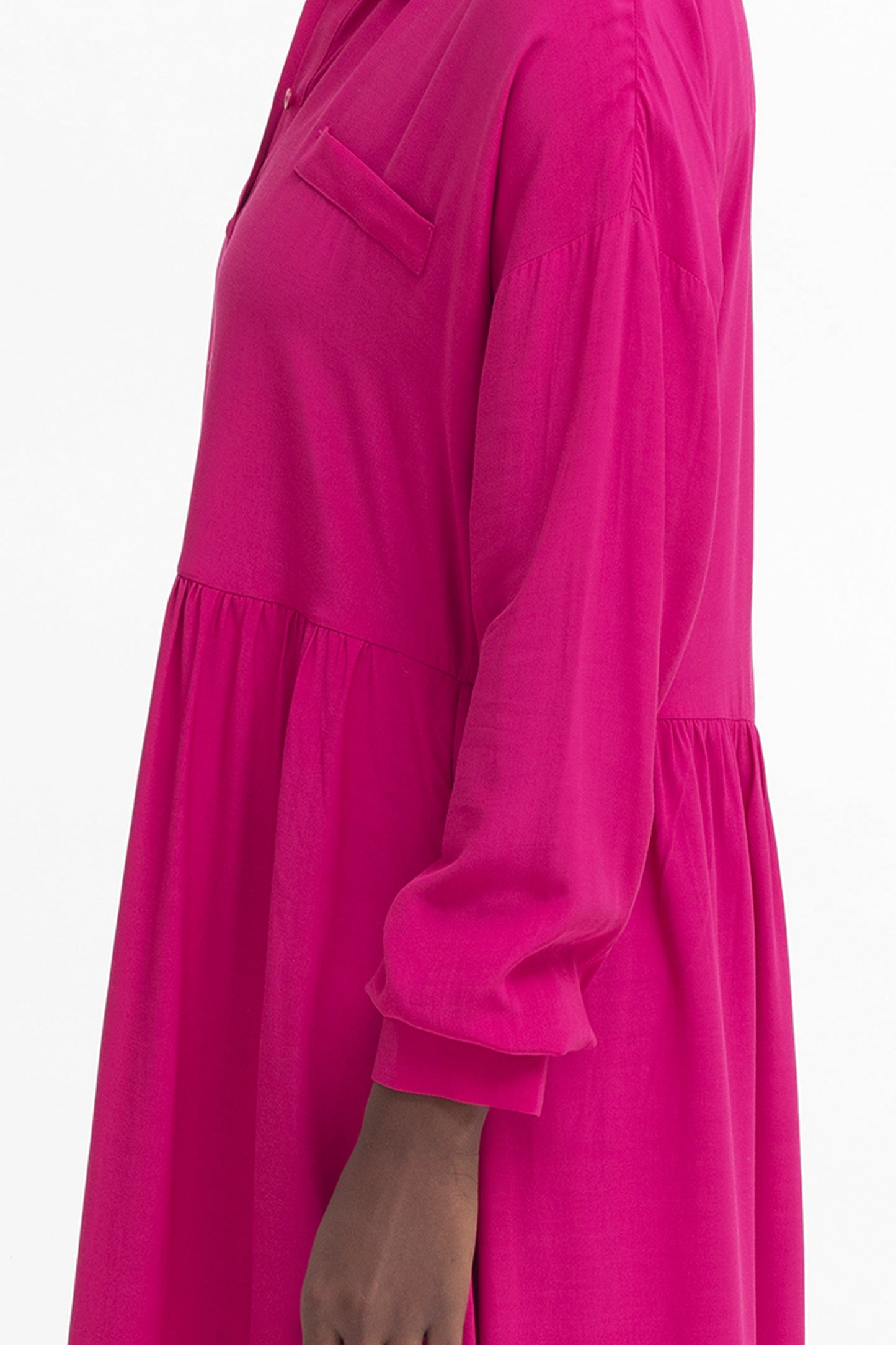 Dance Relaxed Midi Long Sleeve Shirt Dress model sleeve detail | BRIGHT PINK