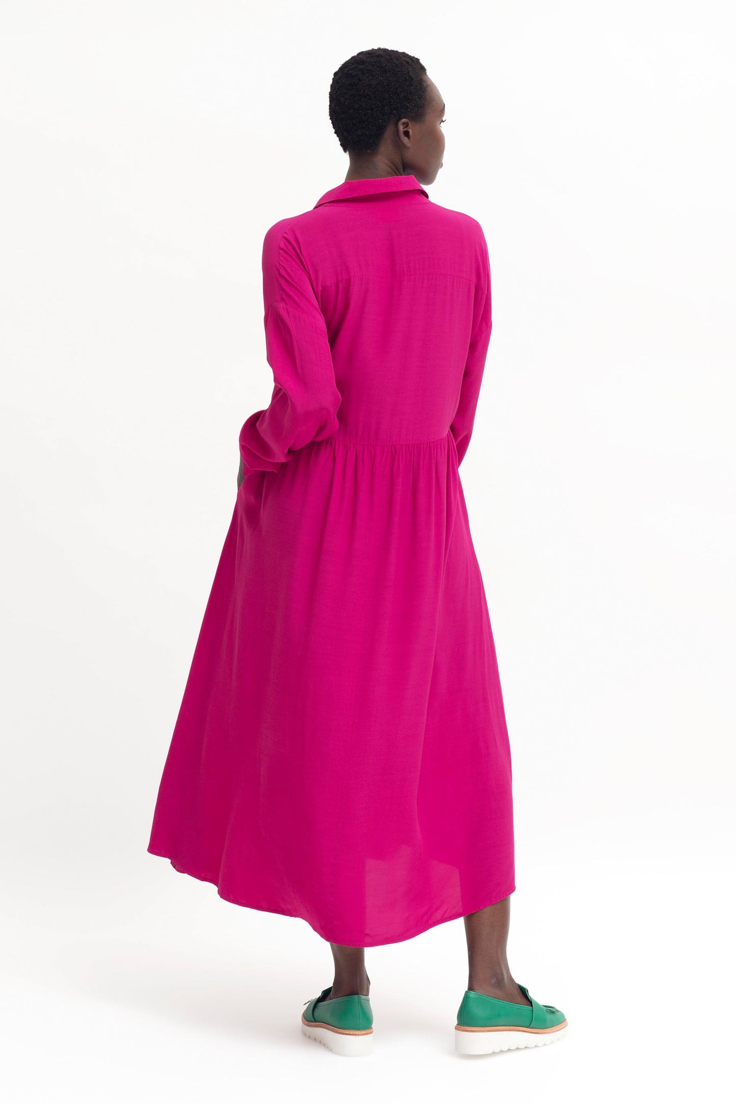 Dance Relaxed Midi Long Sleeve Shirt Dress model back | BRIGHT PINK