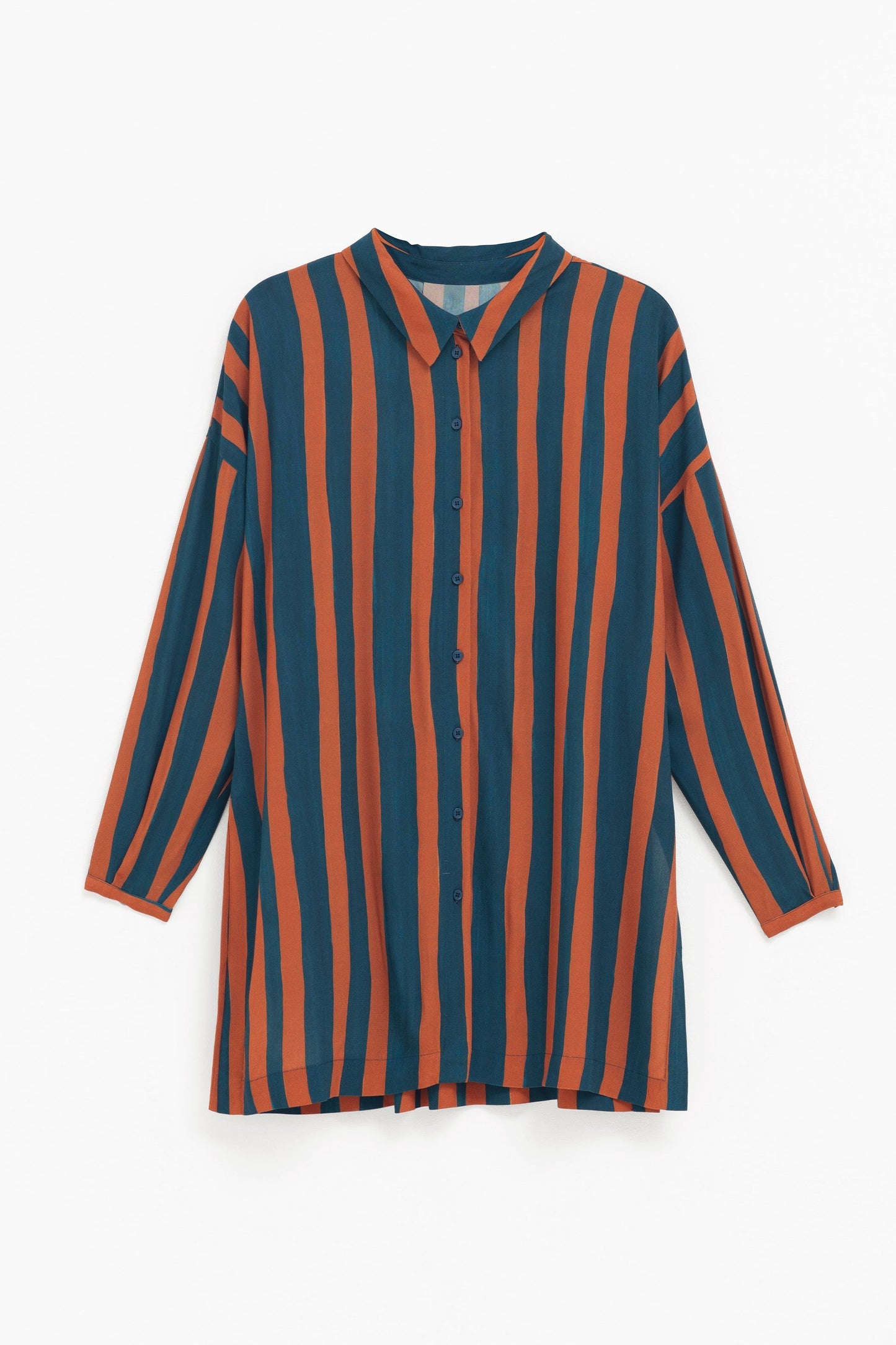 Tilbe Silky Striped Long Shirt front | BRONZE TEAL PAINT STRIPE