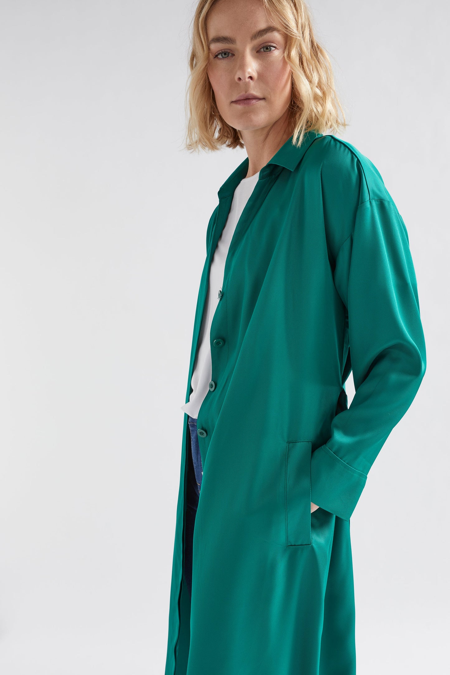 Vail Long Sleeve Shirt Dress Model Side Open as Jacket | JEWEL GREEN