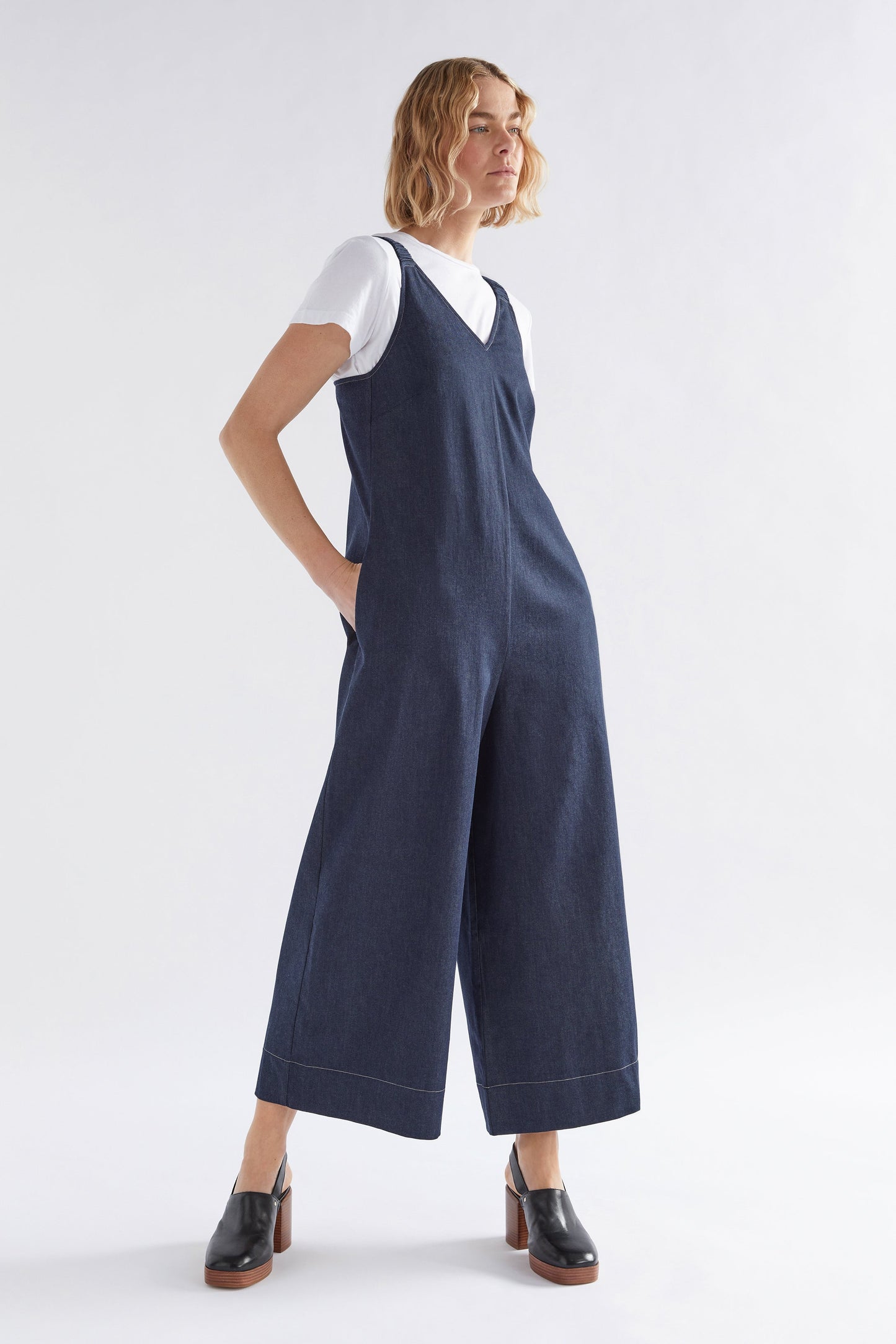 Yens Wide Leg Sleeveless Denim Jumpsuit Model Front with Tee Shirt | DENIM 