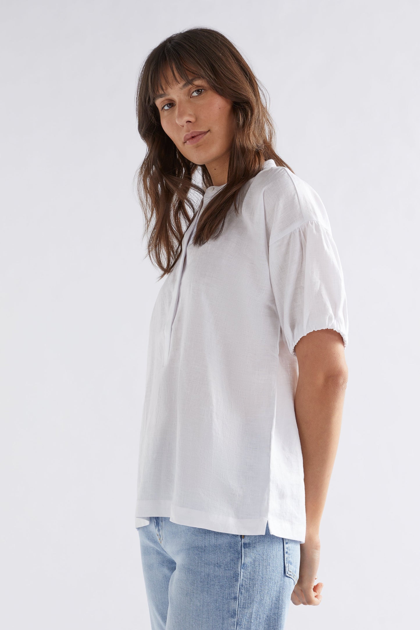 Strom Linen Puff Sleeve Collarless Shirt Model Side | WHITE