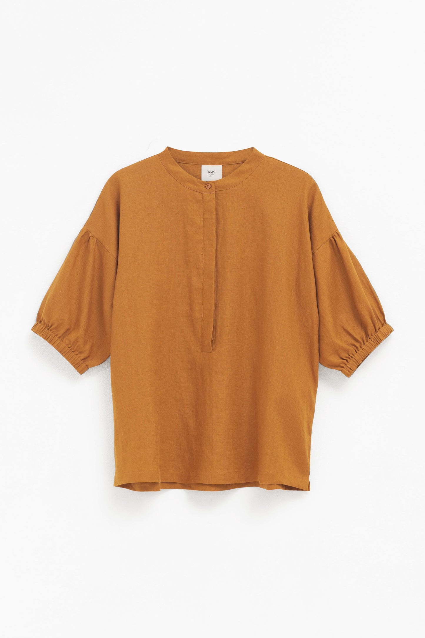 Strom Linen Puff Sleeve Collarless Shirt Front | HONEY GOLD