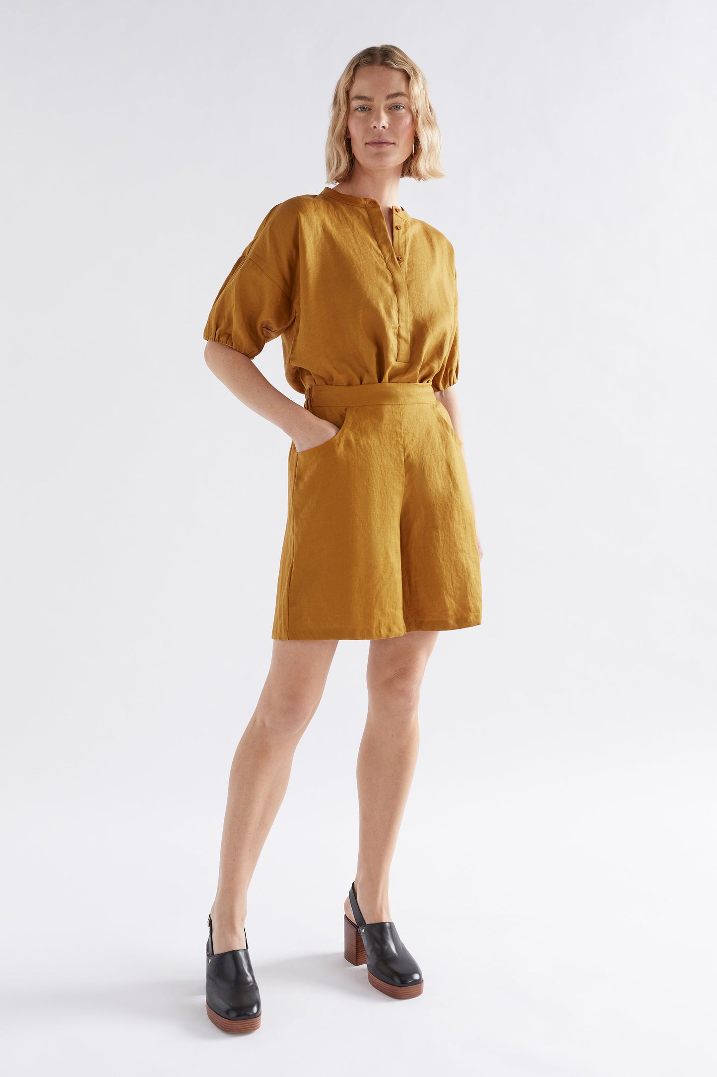Strom Linen Puff Sleeve Collarless Shirt Model Front | HONEY GOLD