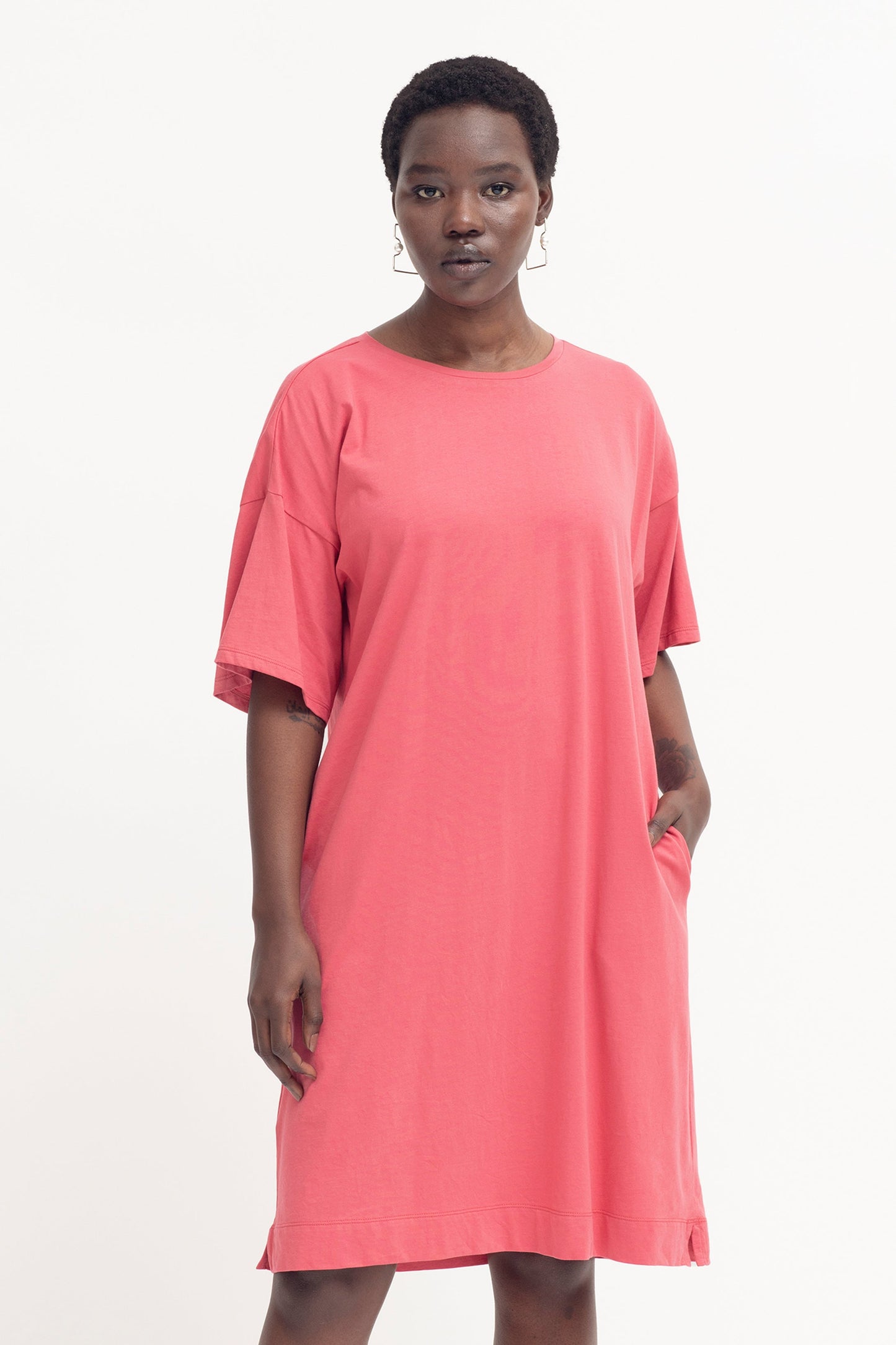 Kovaa Organic Dropped Shoulder Relaxed Tshirt Dress Model Front | DESERT ROSE
