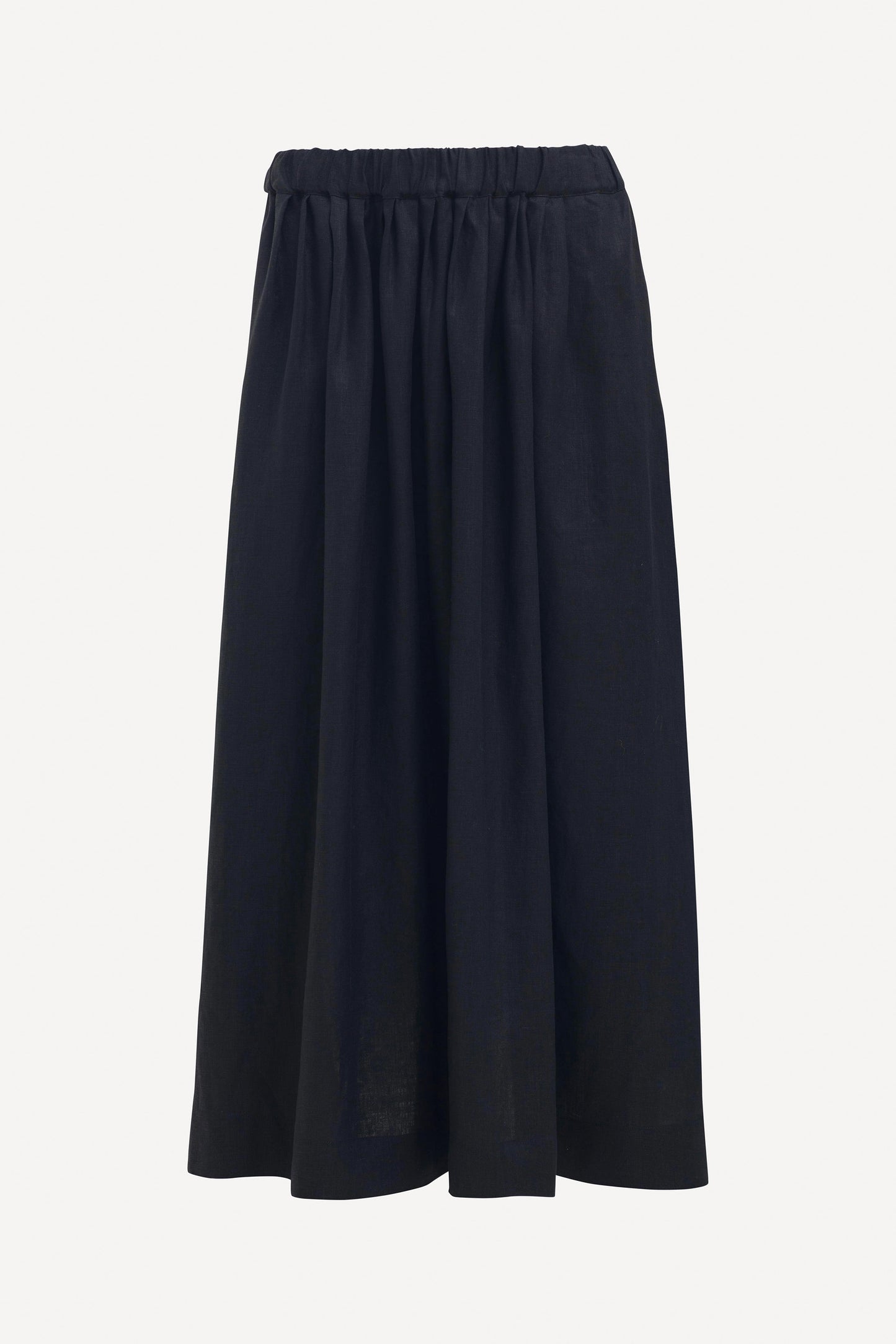 Elev Mid Length Gathered Elastic Waist Linen Skirt Front | BLACK