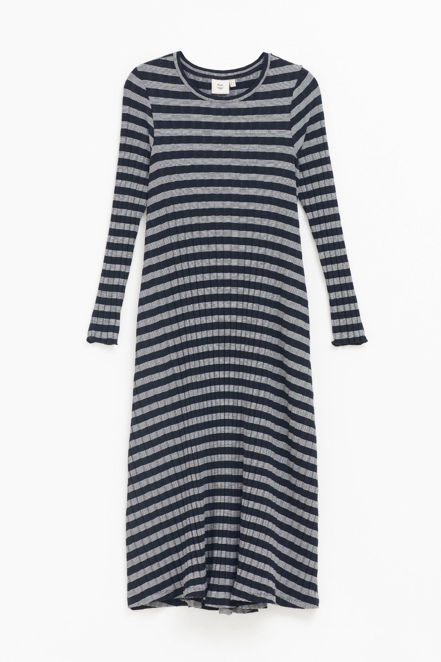 Skiva Striped and Ribbed Australian Cotton Long Sleeve Jersey Dress Front | BLACK WHITE STRIPE