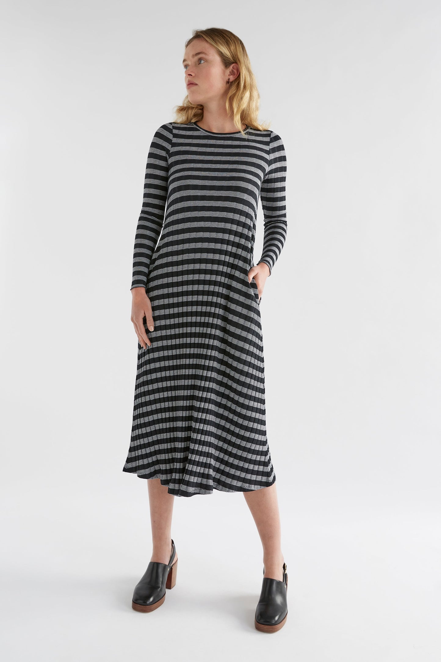 Skiva Striped and Ribbed Australian Cotton Long Sleeve Jersey Dress Model Front | BLACK WHITE STRIPE