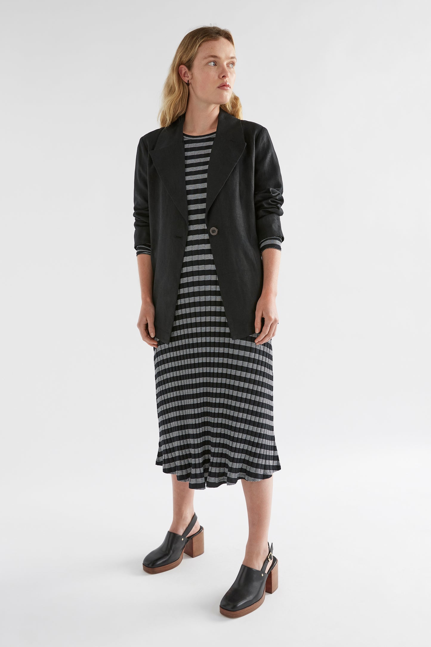 Skiva Striped and Ribbed Australian Cotton Long Sleeve Jersey Dress Model Front with Ilona Blazer | BLACK WHITE STRIPE