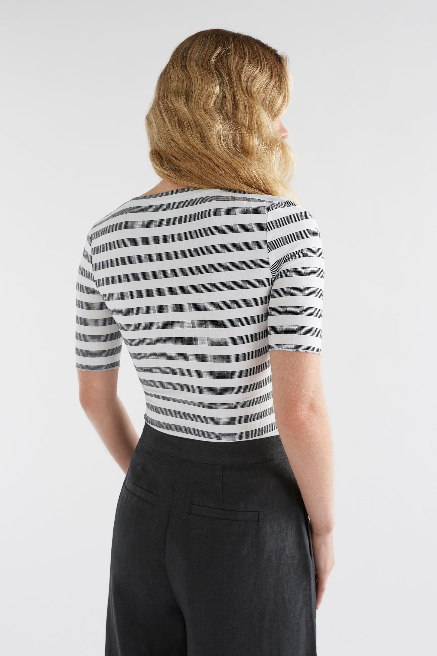 Skiva Striped and Ribbed Australian Cotton Fitted Jersey Tee Model Back | WHITE BLACK STRIPE