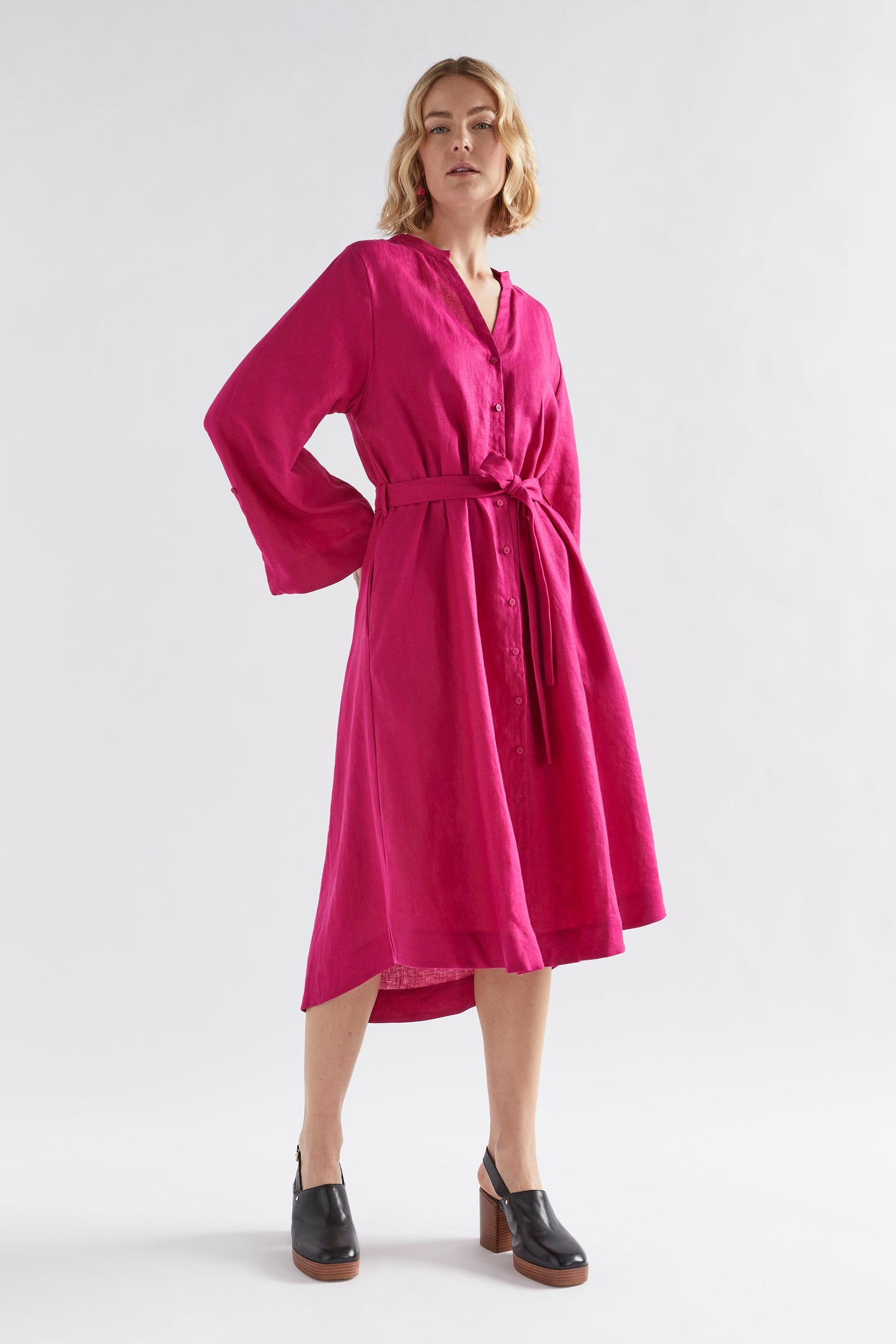 Elev Linen Shirt Dress Model Front | BRIGHT PINK