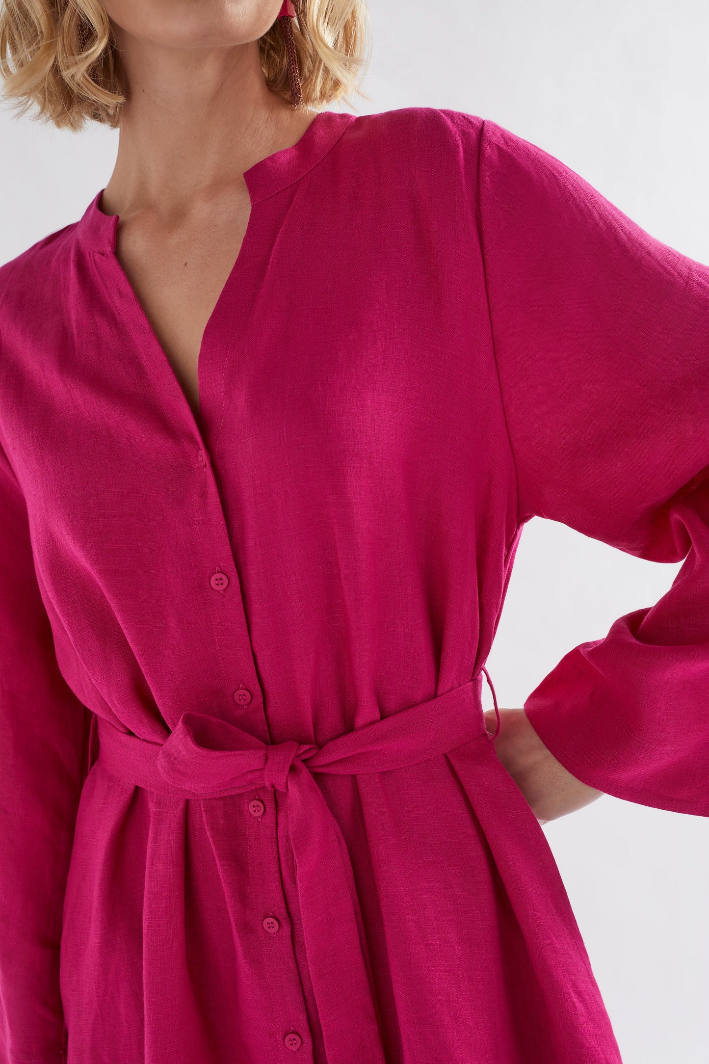 Elev Linen Shirt Dress Model Detail | BRIGHT PINK